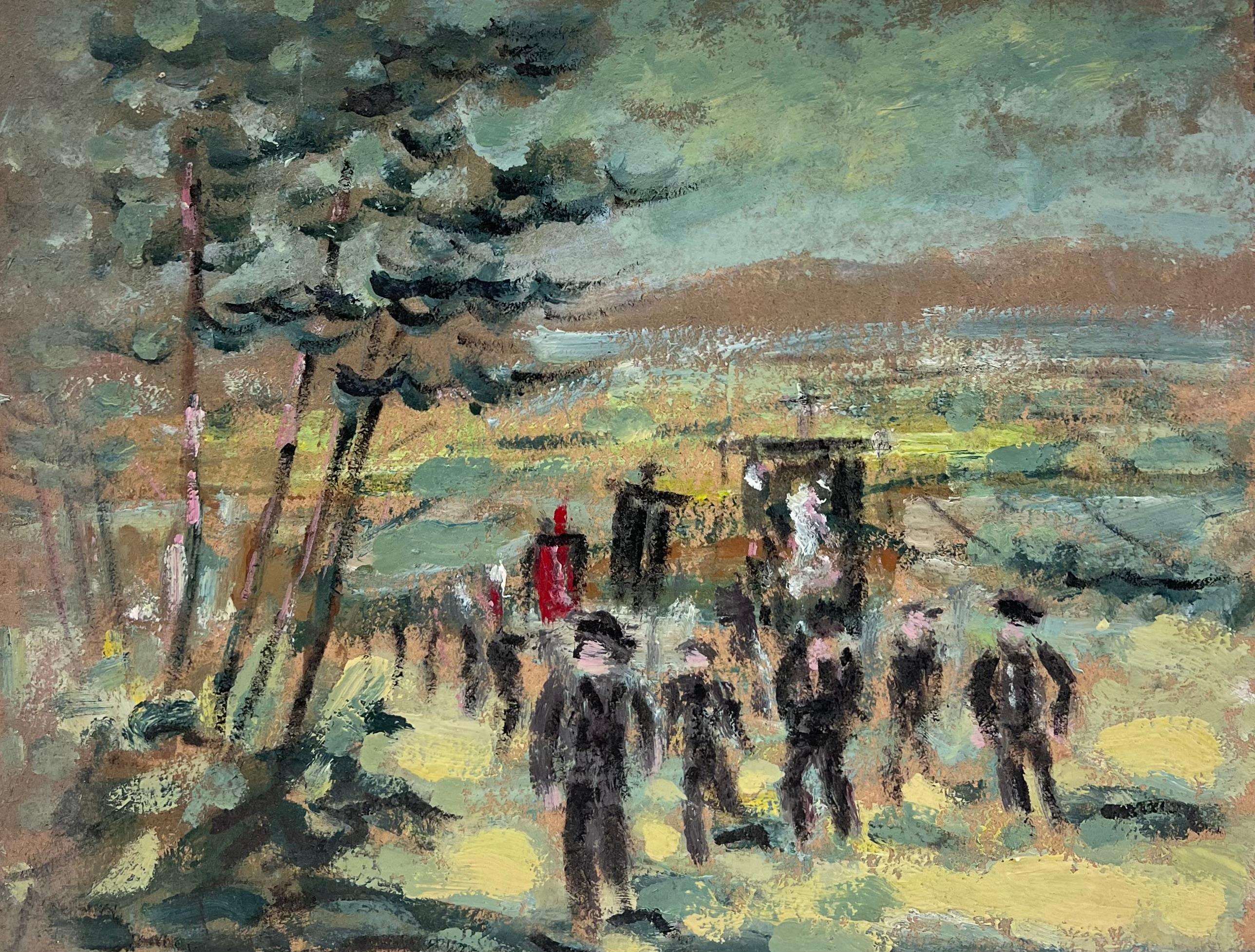 Figure che camminano nel corteo del villaggio francese Greene & Greene Pittura ad olio