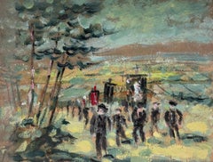 Figure che camminano nel corteo del villaggio francese Greene & Greene Pittura ad olio