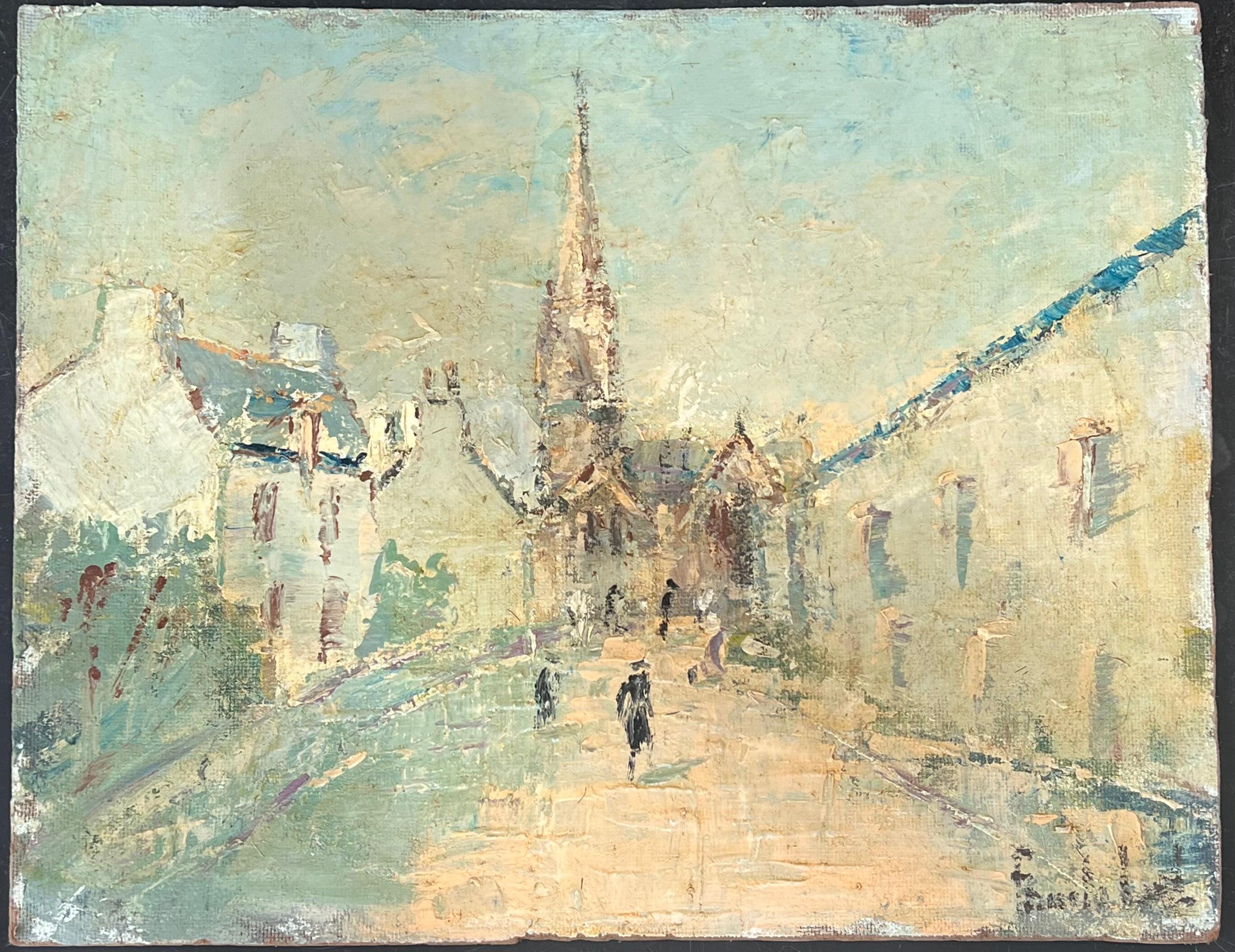 Figures marchant sur le chemin du village en direction de l'église Peinture à l'huile française - Painting de Fanch Lel