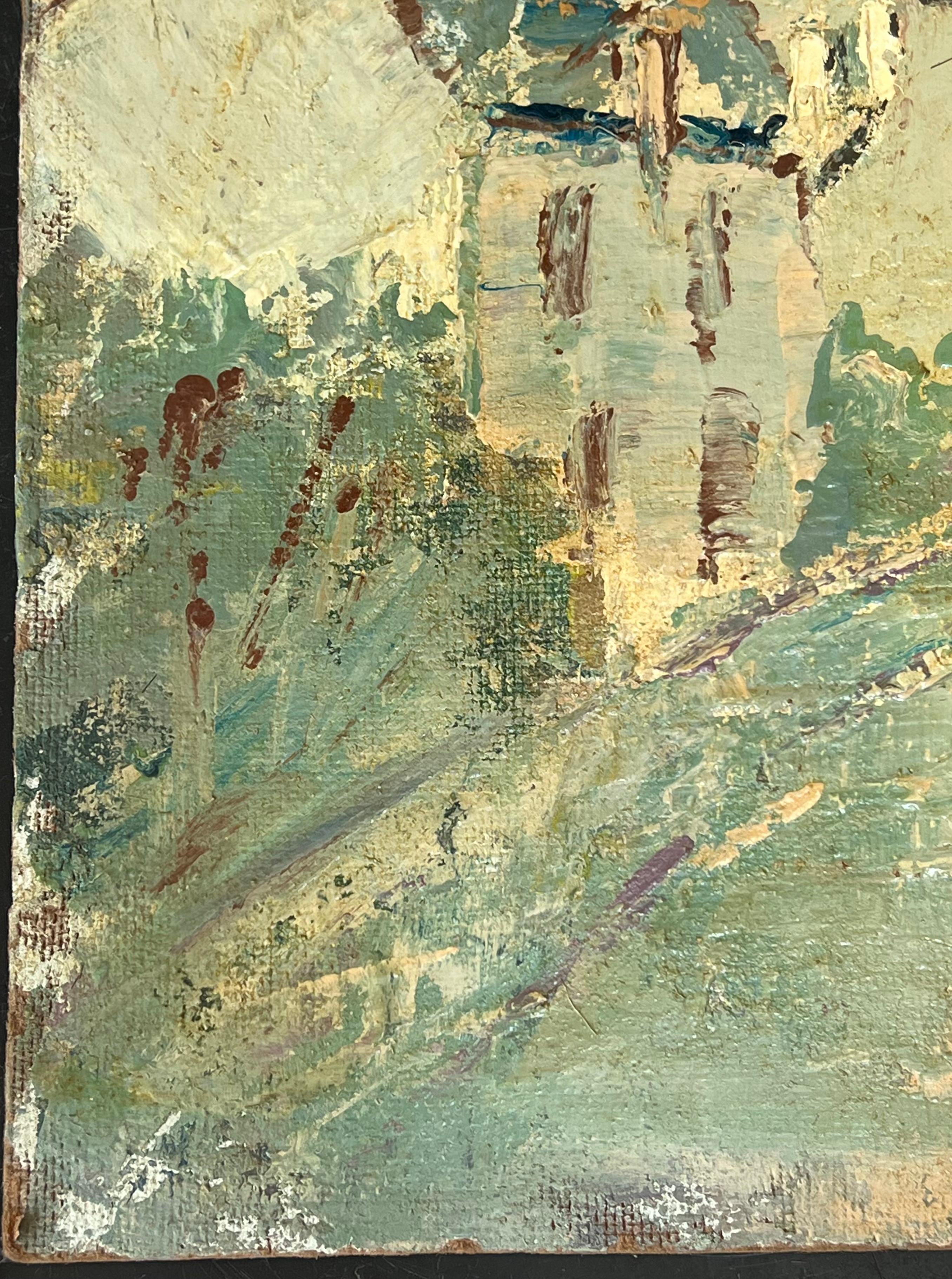 Figures marchant sur le chemin du village en direction de l'église Peinture à l'huile française - Impressionnisme Painting par Fanch Lel
