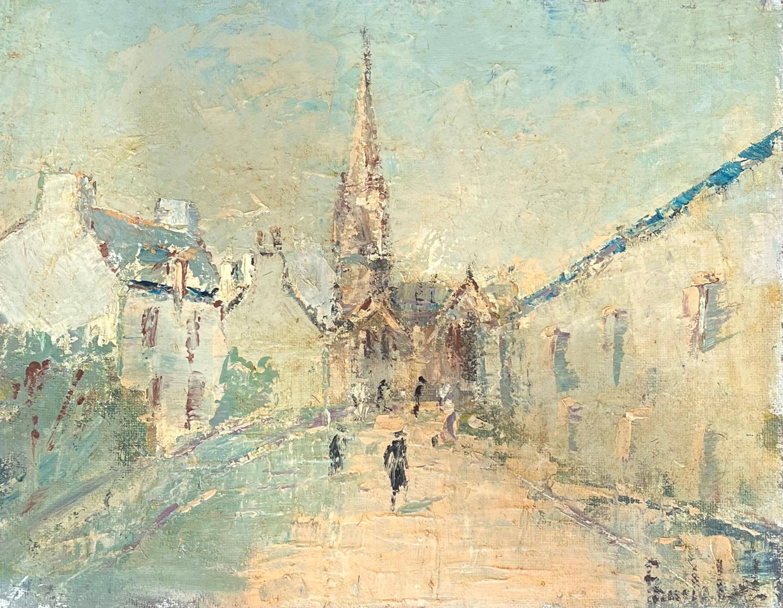Figure che attraversano il sentiero del villaggio verso la chiesa Pittura ad olio francese