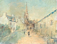 Figure che attraversano il sentiero del villaggio verso la chiesa Pittura ad olio francese