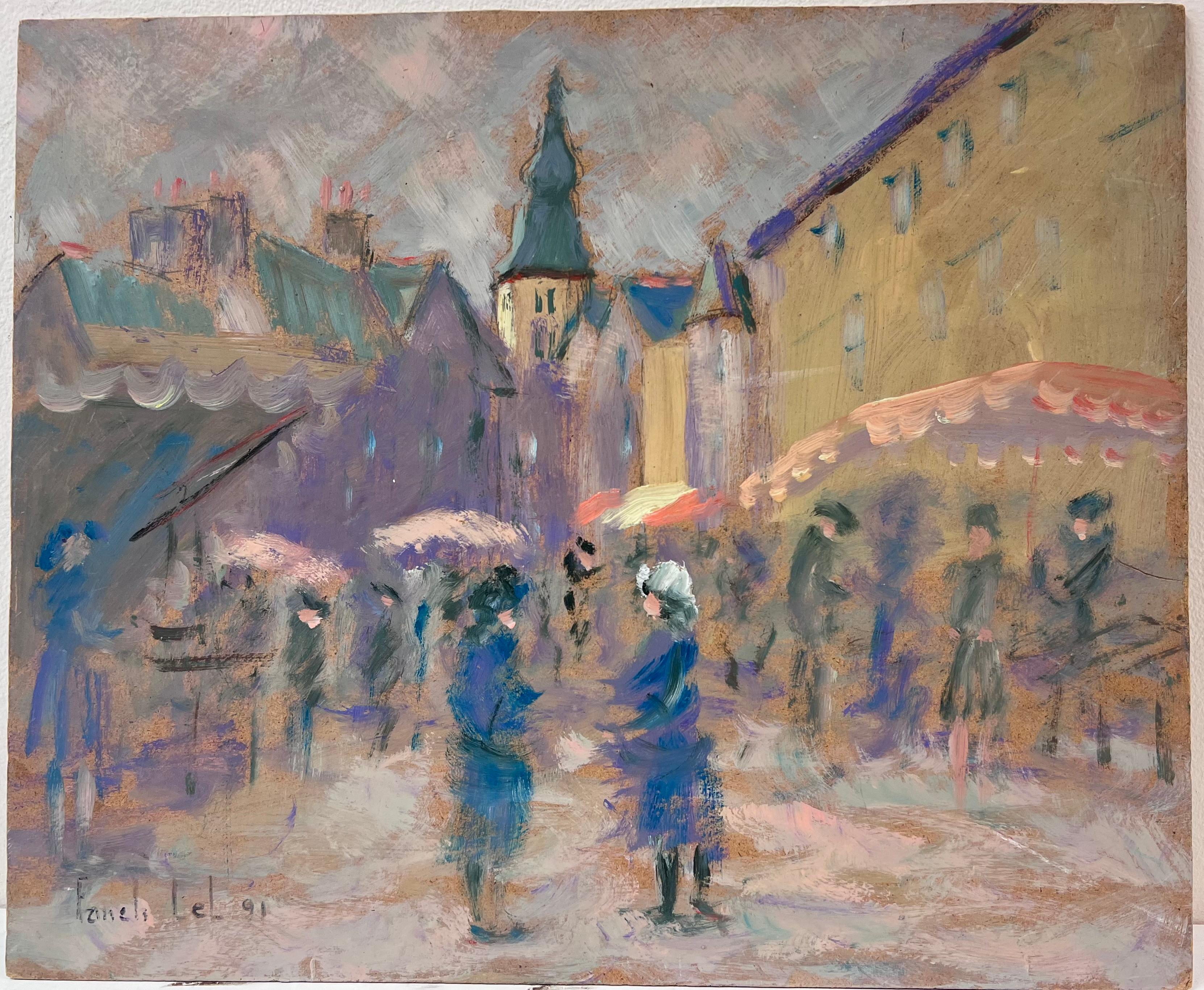 Figuras con Paraguas Paseando por la Ciudad del Mercado Lluvioso Óleo Francés - Painting de Fanch Lel