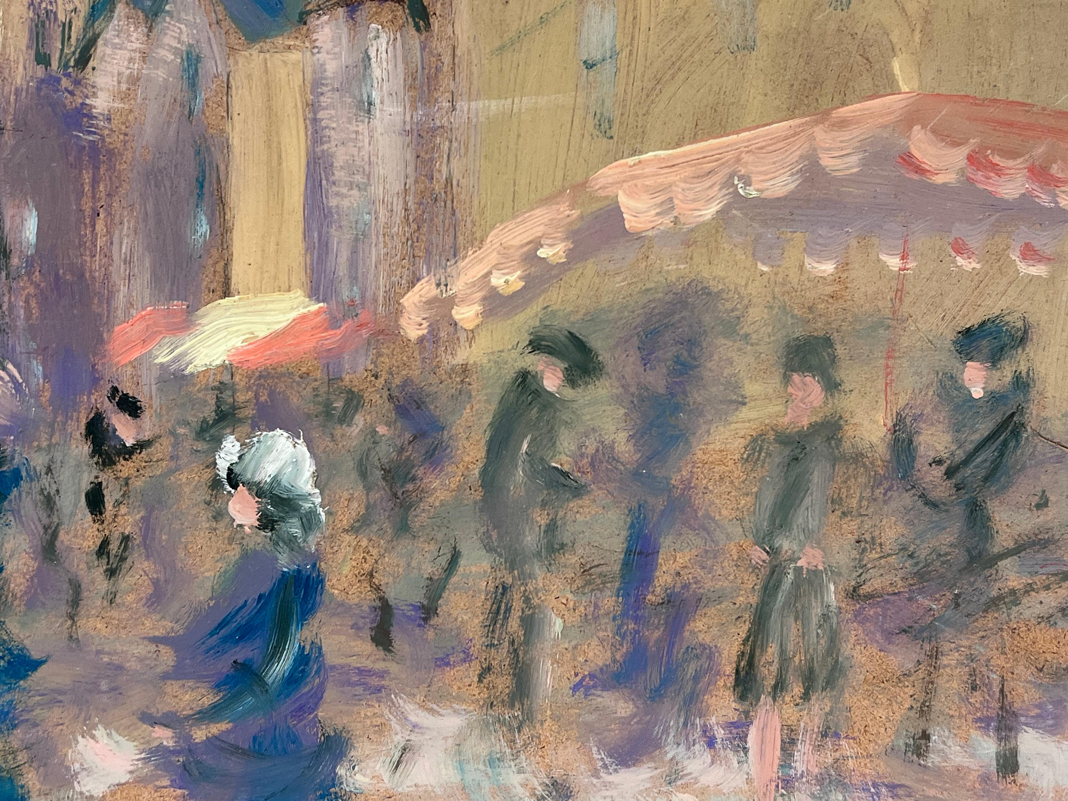 Figuras con Paraguas Paseando por la Ciudad del Mercado Lluvioso Óleo Francés - Figurative Painting Gris de Fanch Lel