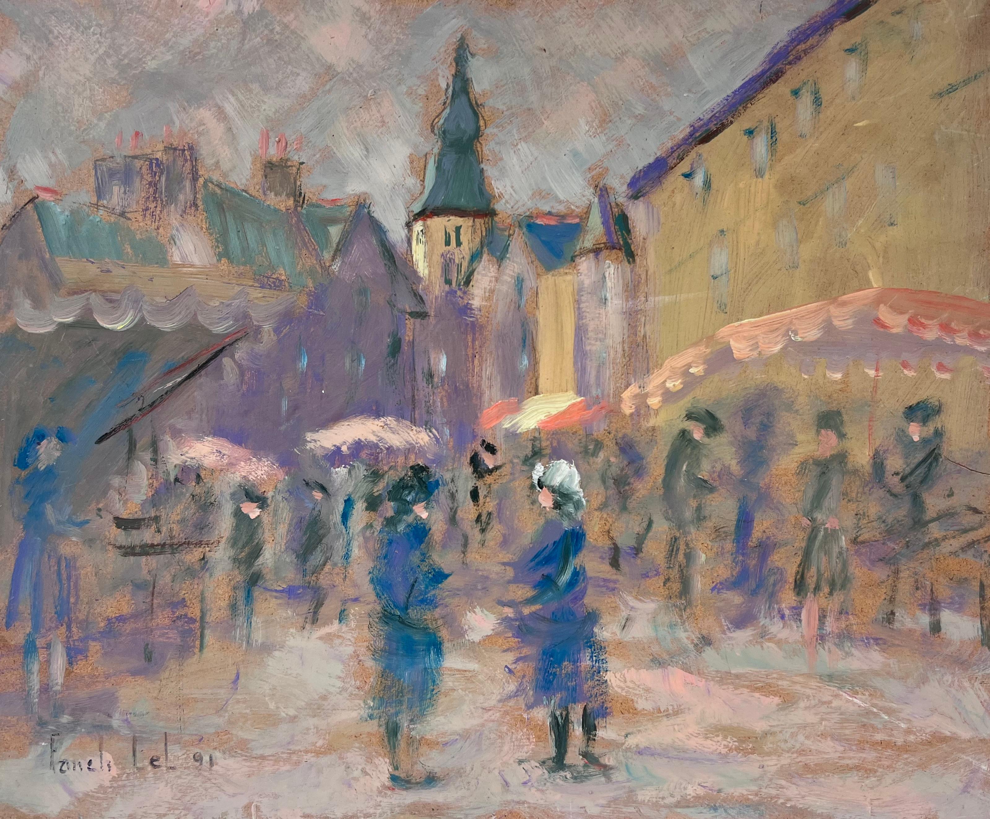 Figurative Painting de Fanch Lel - Figuras con Paraguas Paseando por la Ciudad del Mercado Lluvioso Óleo Francés