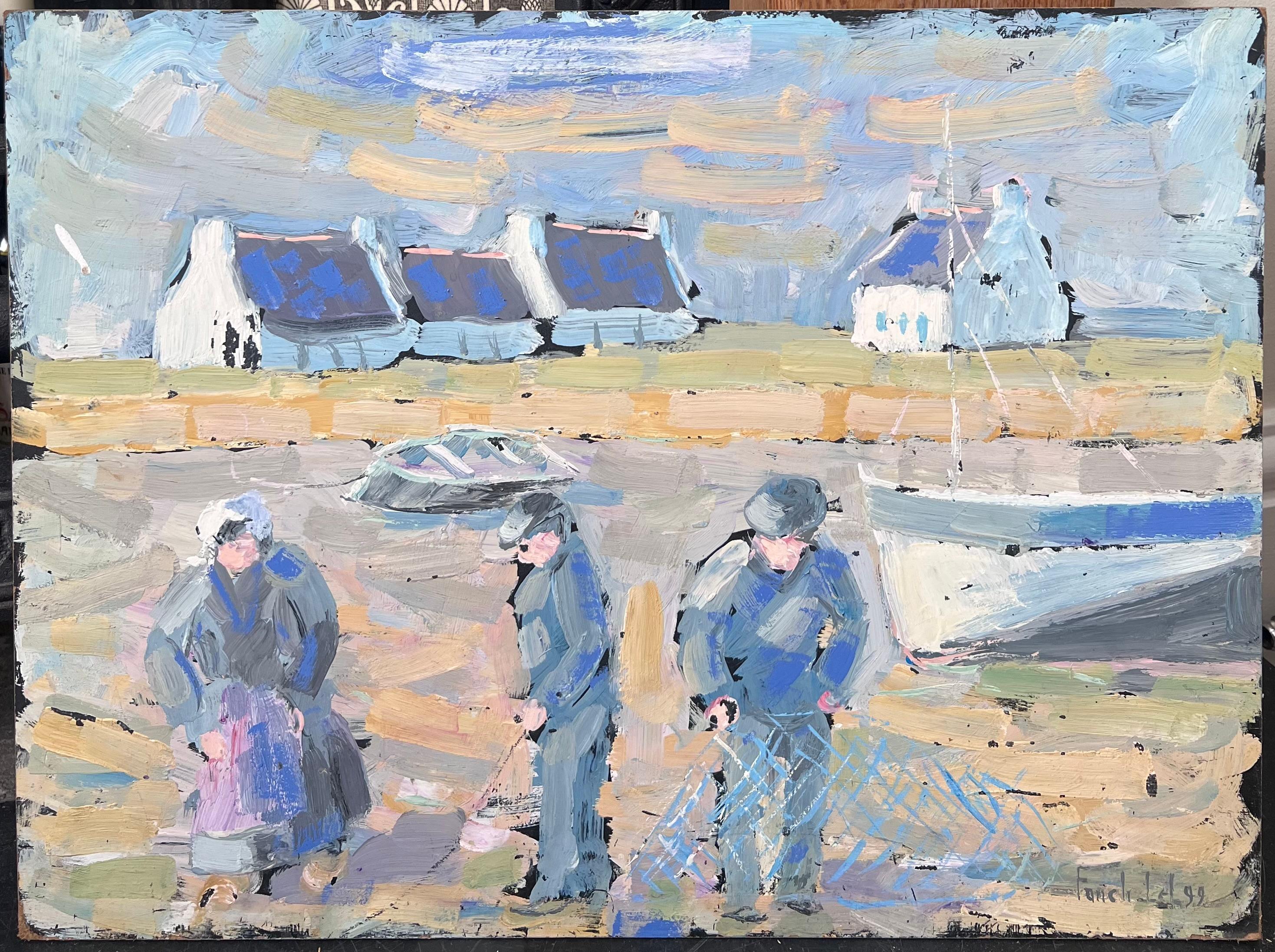 Figure di pescatori che preparano la colata sulla riva Paesaggio dipinto a olio - Painting di Fanch Lel