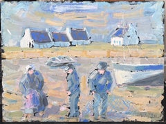 Fisherfolk Figures Prepping the Casting On The Shore Landscape Oil Painting