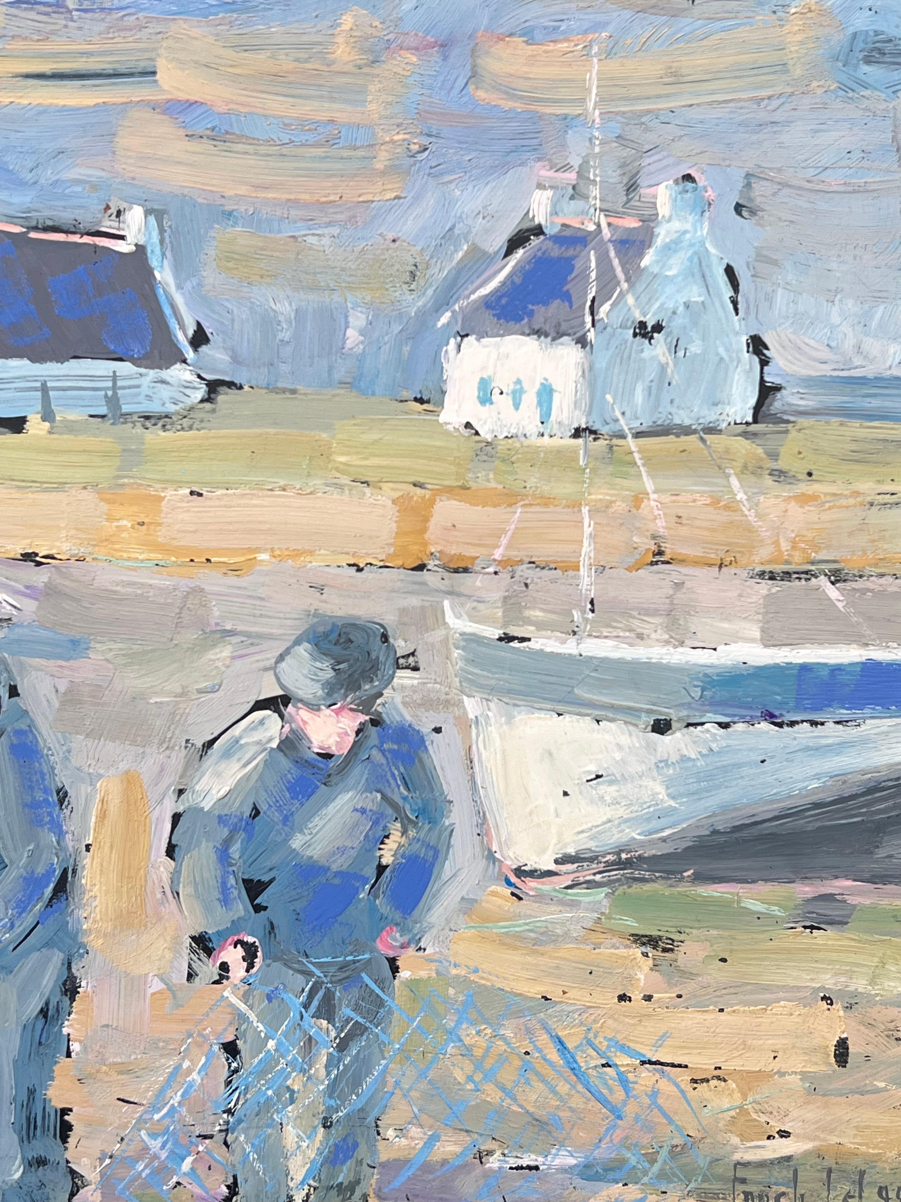Figure di pescatori che preparano la colata sulla riva Paesaggio dipinto a olio - Landscape Painting Grigio di Fanch Lel