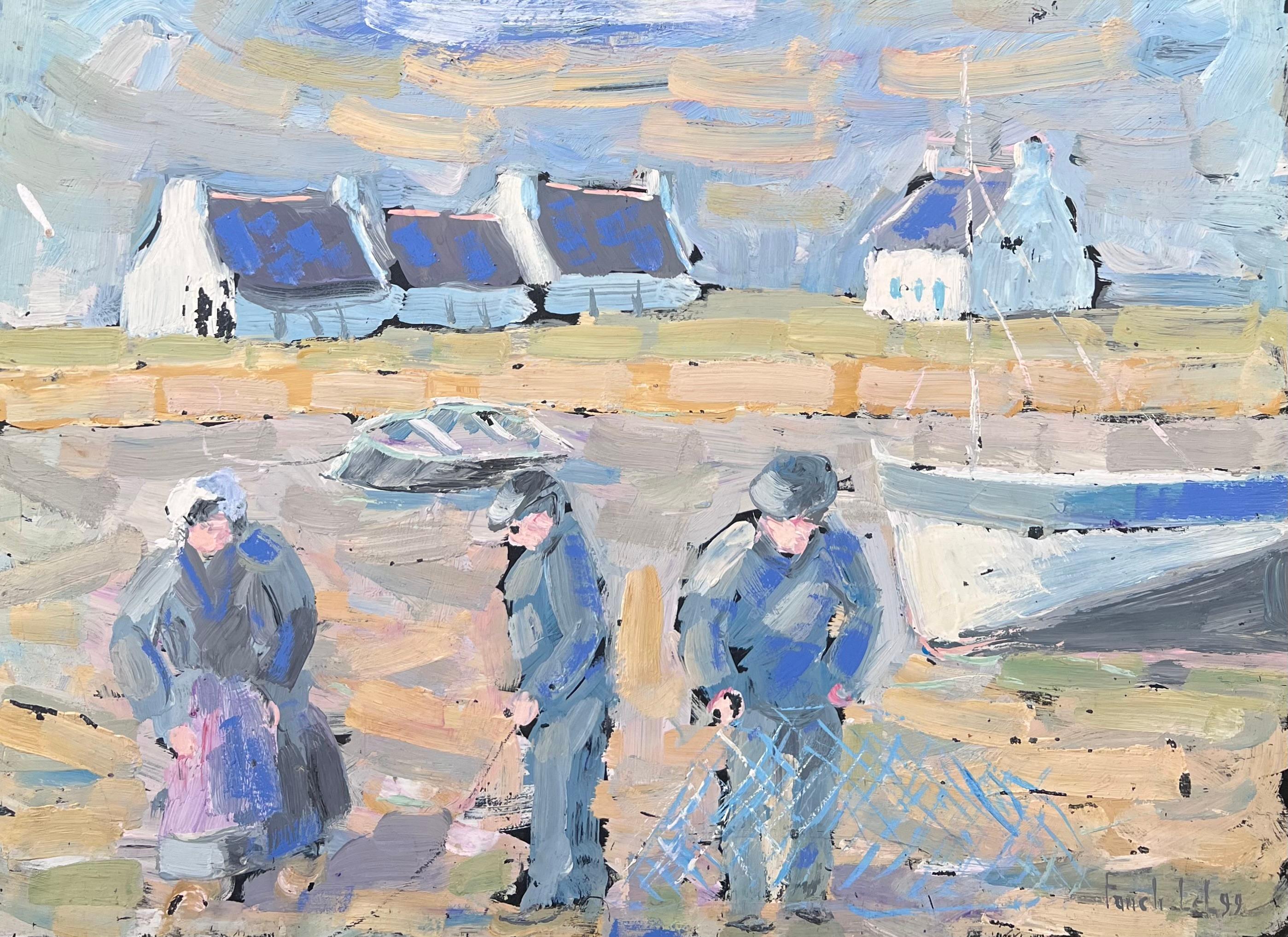 Landscape Painting di Fanch Lel - Figure di pescatori che preparano la colata sulla riva Paesaggio dipinto a olio