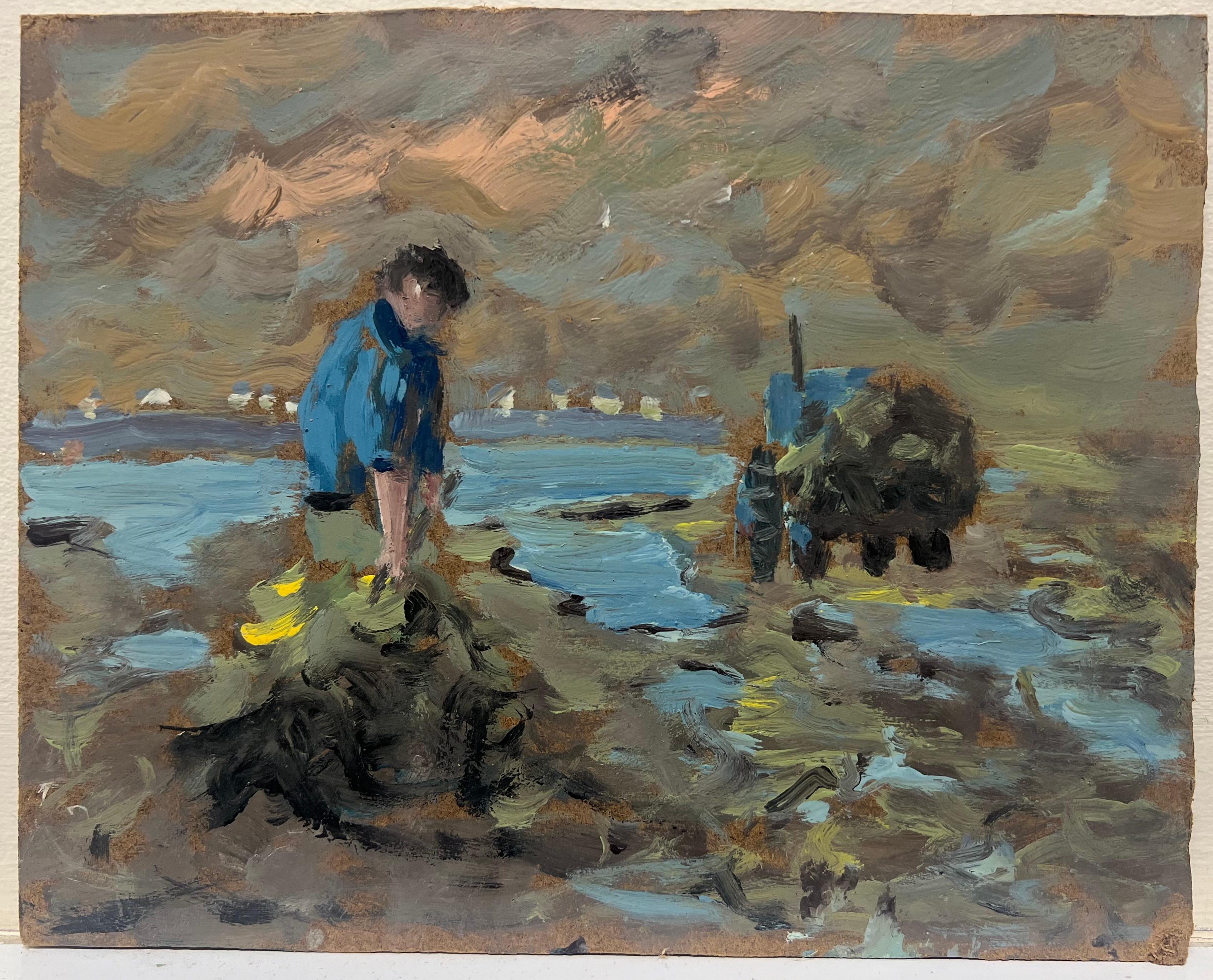 Pescador en Marea Baja Una Escena Costera de Trabajo y Reflexión Paisaje - Painting de Fanch Lel