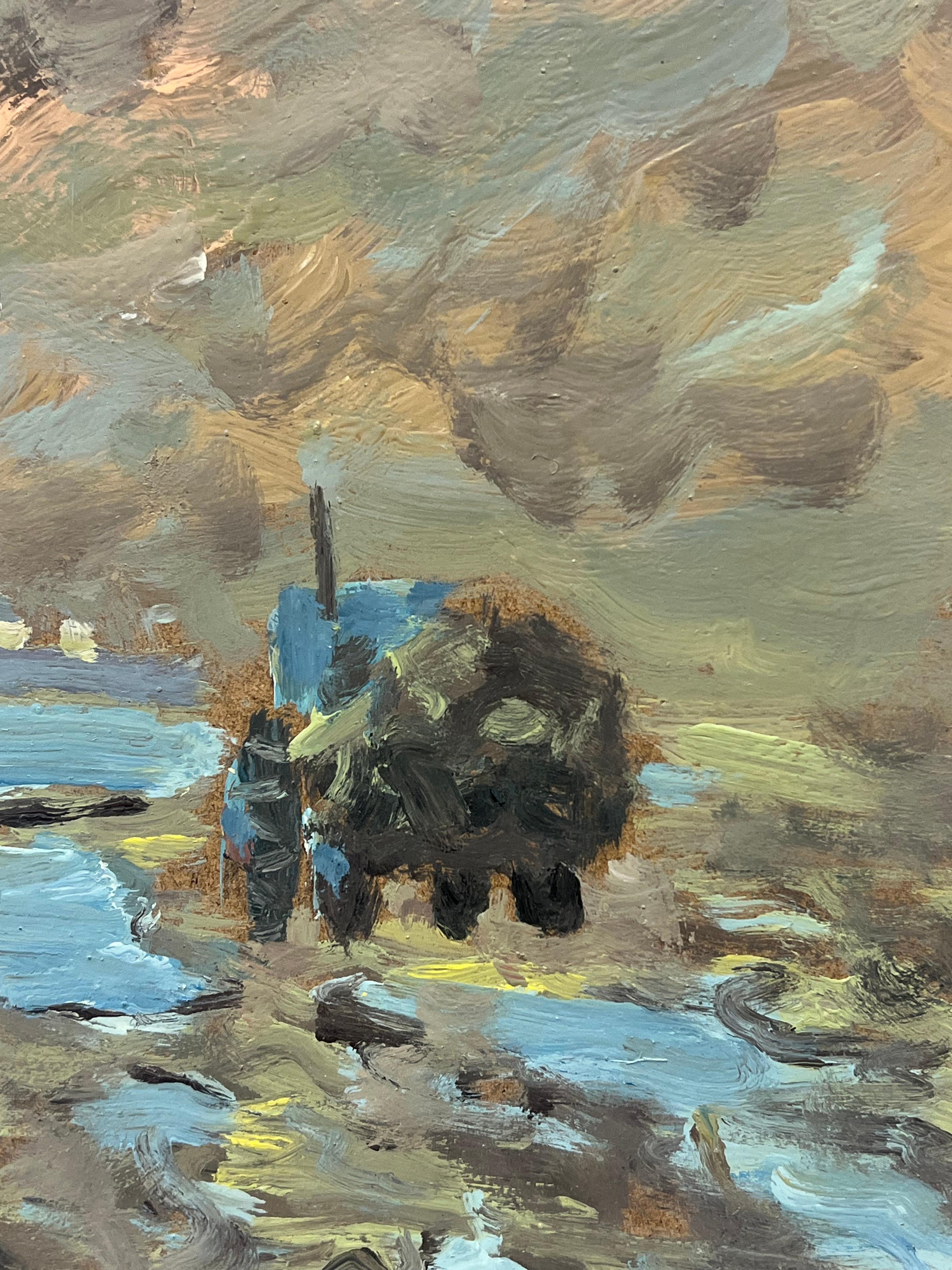 Pescador en Marea Baja Una Escena Costera de Trabajo y Reflexión Paisaje - Painting Impresionista de Fanch Lel
