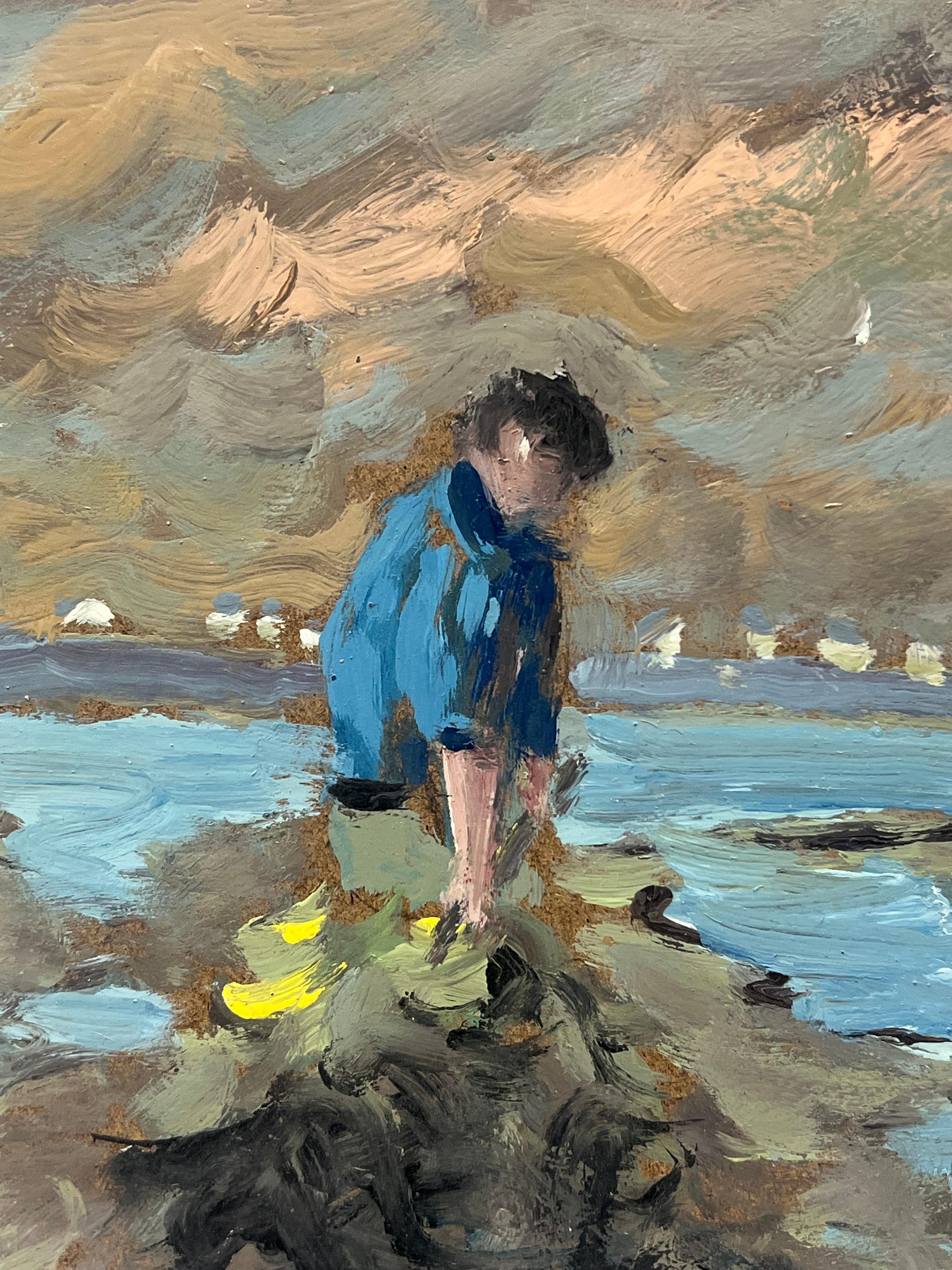 Pescador en Marea Baja Una Escena Costera de Trabajo y Reflexión Paisaje - Landscape Painting Gris de Fanch Lel
