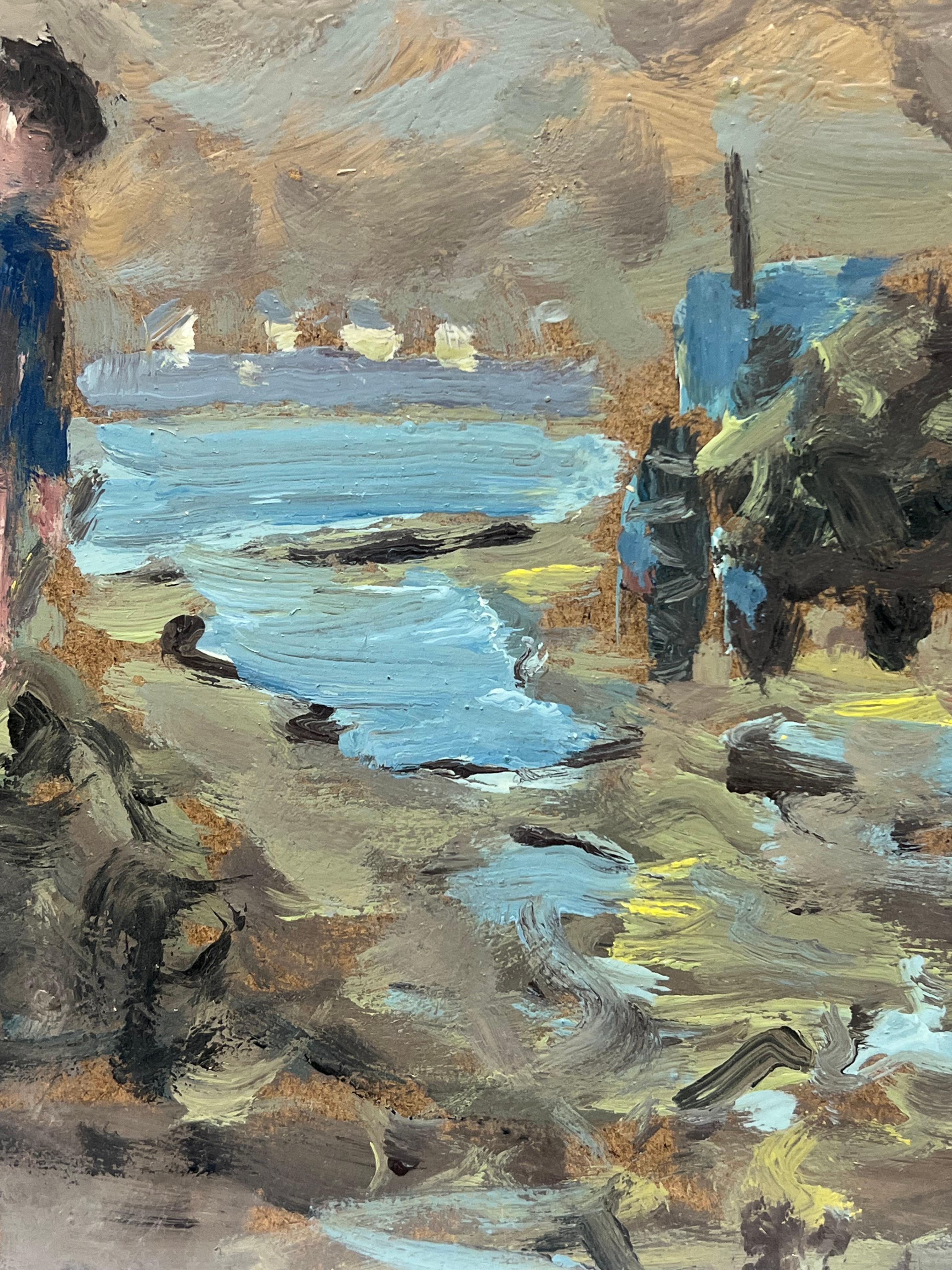 Pescador en marea baja
de Fanch Lel (francés, 1930)
tamaño: 8,75 x 10,75 pulgadas
óleo sobre tabla, sin enmarcar
estado: el cuadro está en muy buen estado. Antes estaba guardado en el estudio del artista. 

Descripción:
Este expresivo óleo