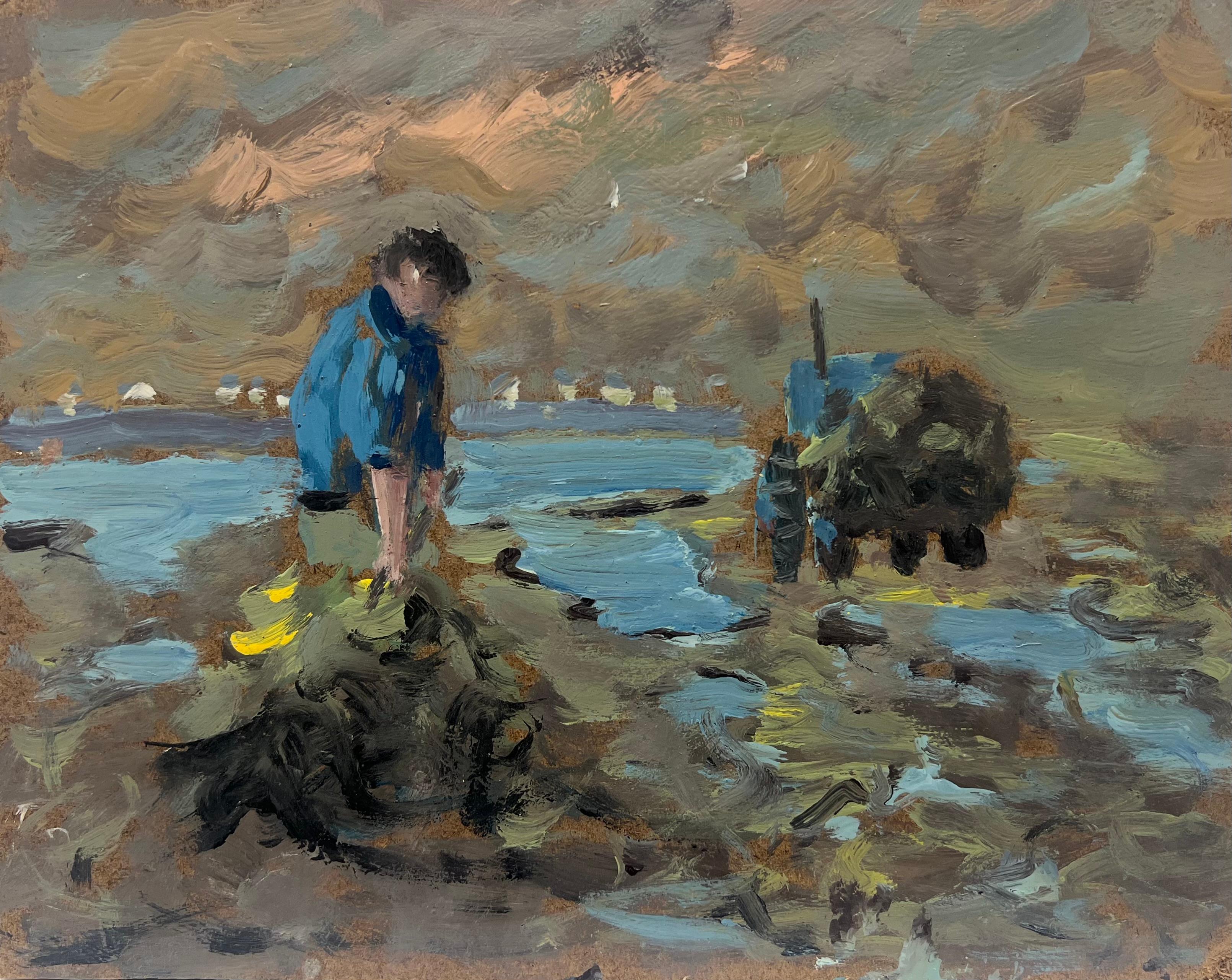 Landscape Painting de Fanch Lel - Pescador en Marea Baja Una Escena Costera de Trabajo y Reflexión Paisaje