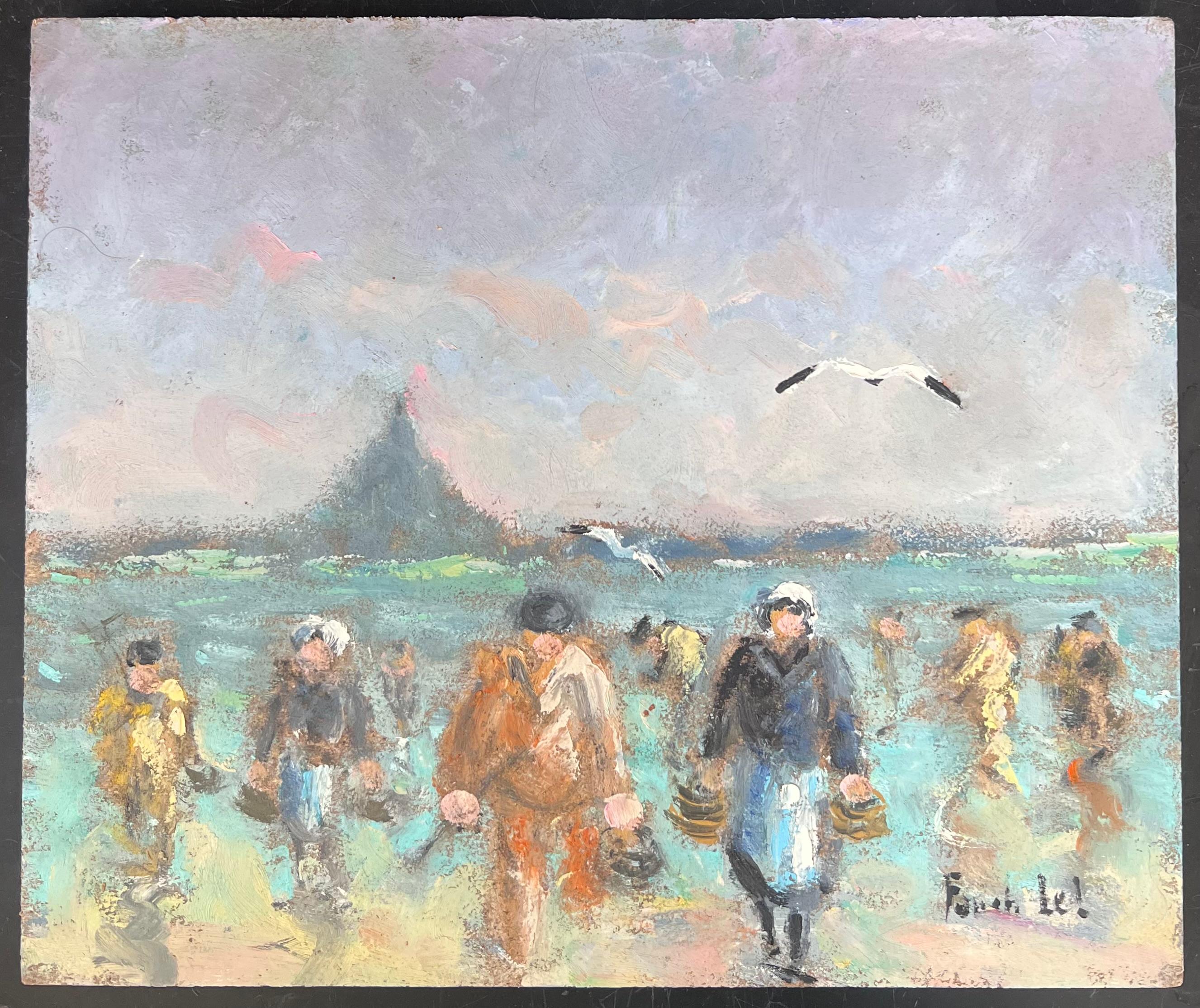 Fishermen & Figures Carrying Their Catches In Wicker Baskets French Oil Painting - Gray Landscape Painting by Fanch Lel