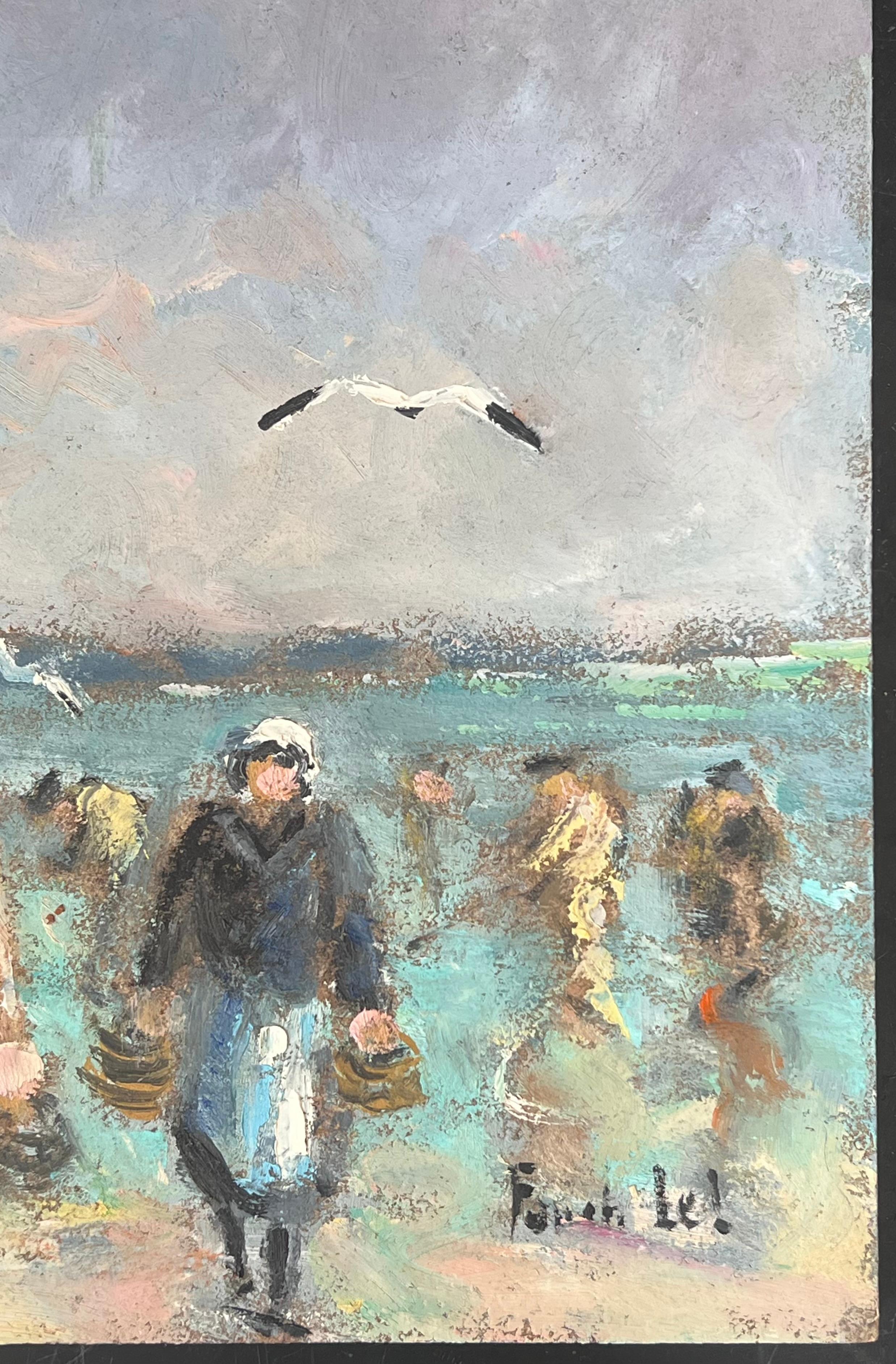 Fisherman & Figures 
Signed by Fanch Lel
Size: 10 x 12 inches (height x width)
Oil painting on thick board, unframed
Condition: Good condition overall with minor surface handling marks and light wear to edges, consistent with its medium and vintage