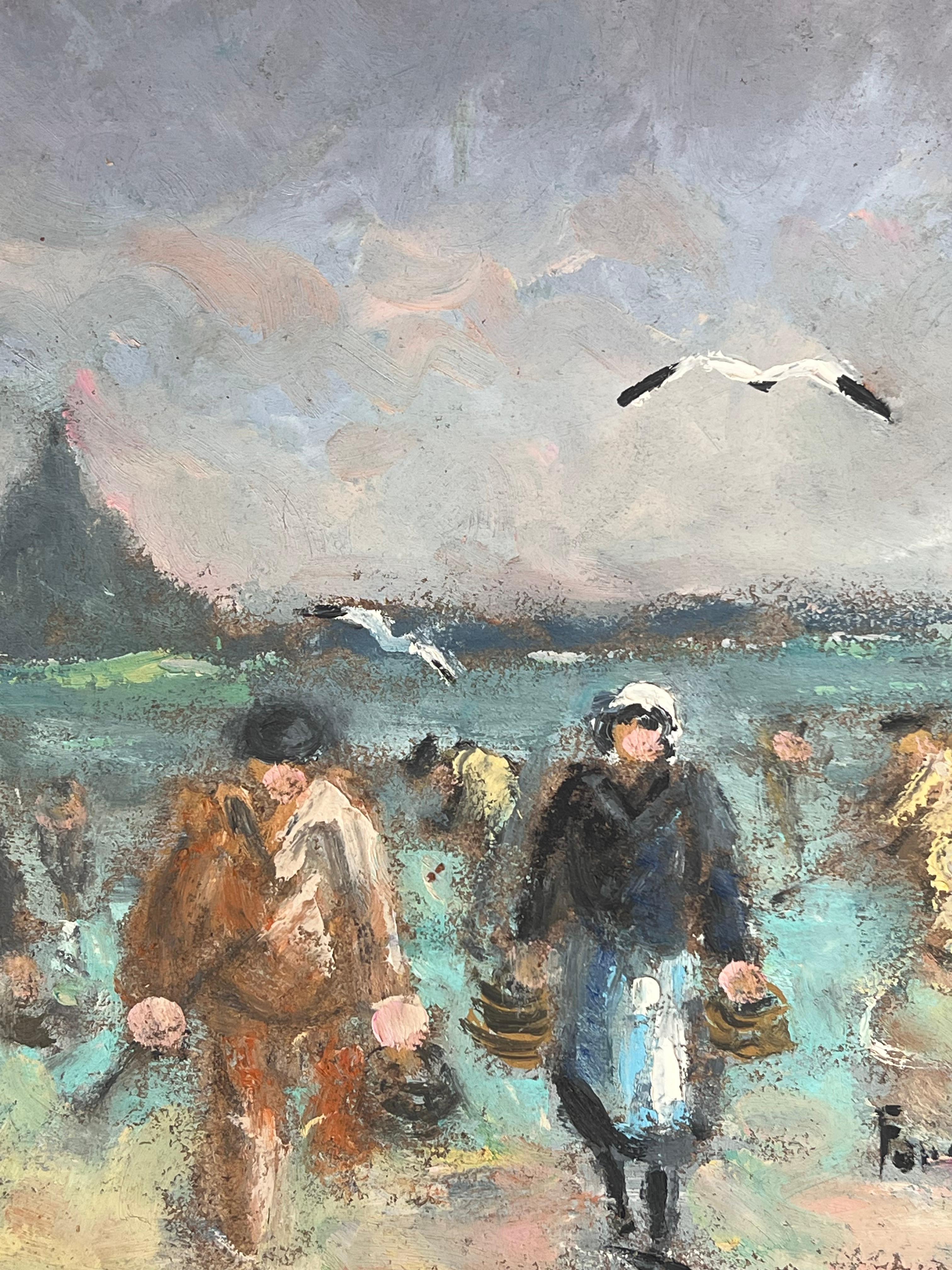 Fishermen & Figures Carrying Their Catches In Wicker Baskets French Oil Painting For Sale 1