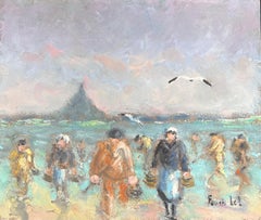 Fishermen & Figures Carrying Their Catches In Wicker Baskets French Oil Painting