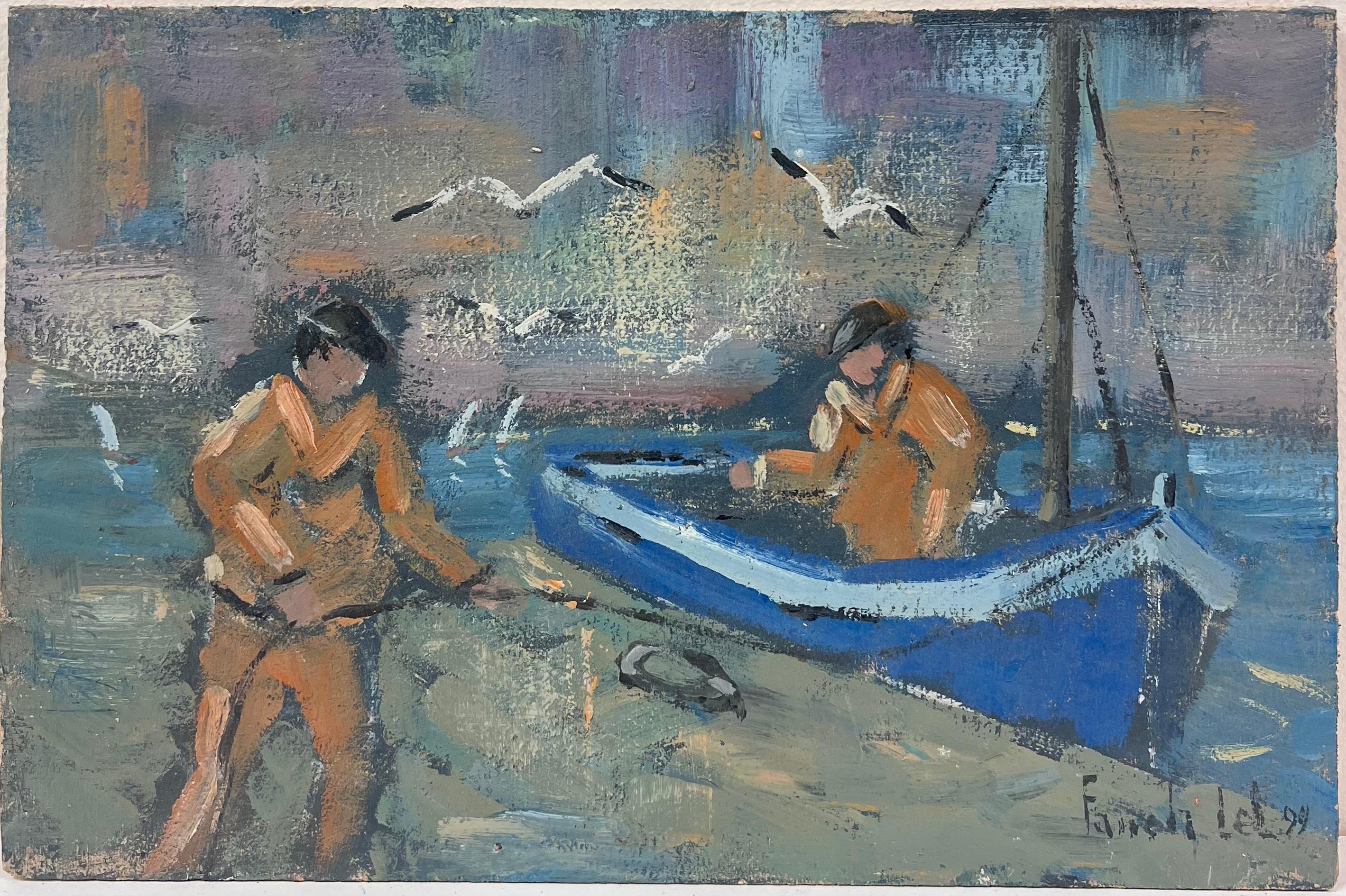 Pescatori in Bretagna con gabbiani che circondano la barca Pittura francese - Painting di Fanch Lel