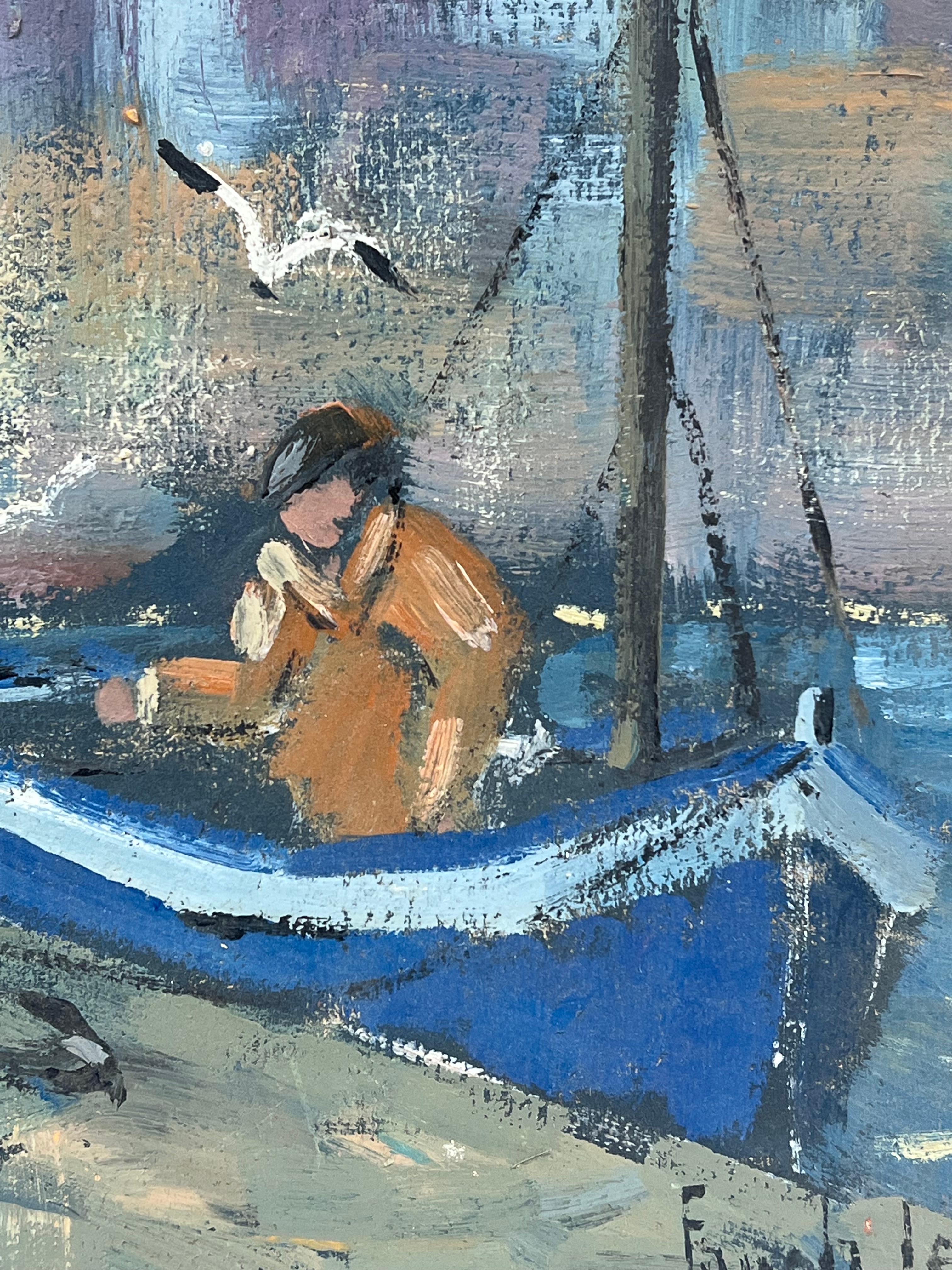 Pescatori in Bretagna con gabbiani che circondano la barca Pittura francese - Painting Impressionismo di Fanch Lel
