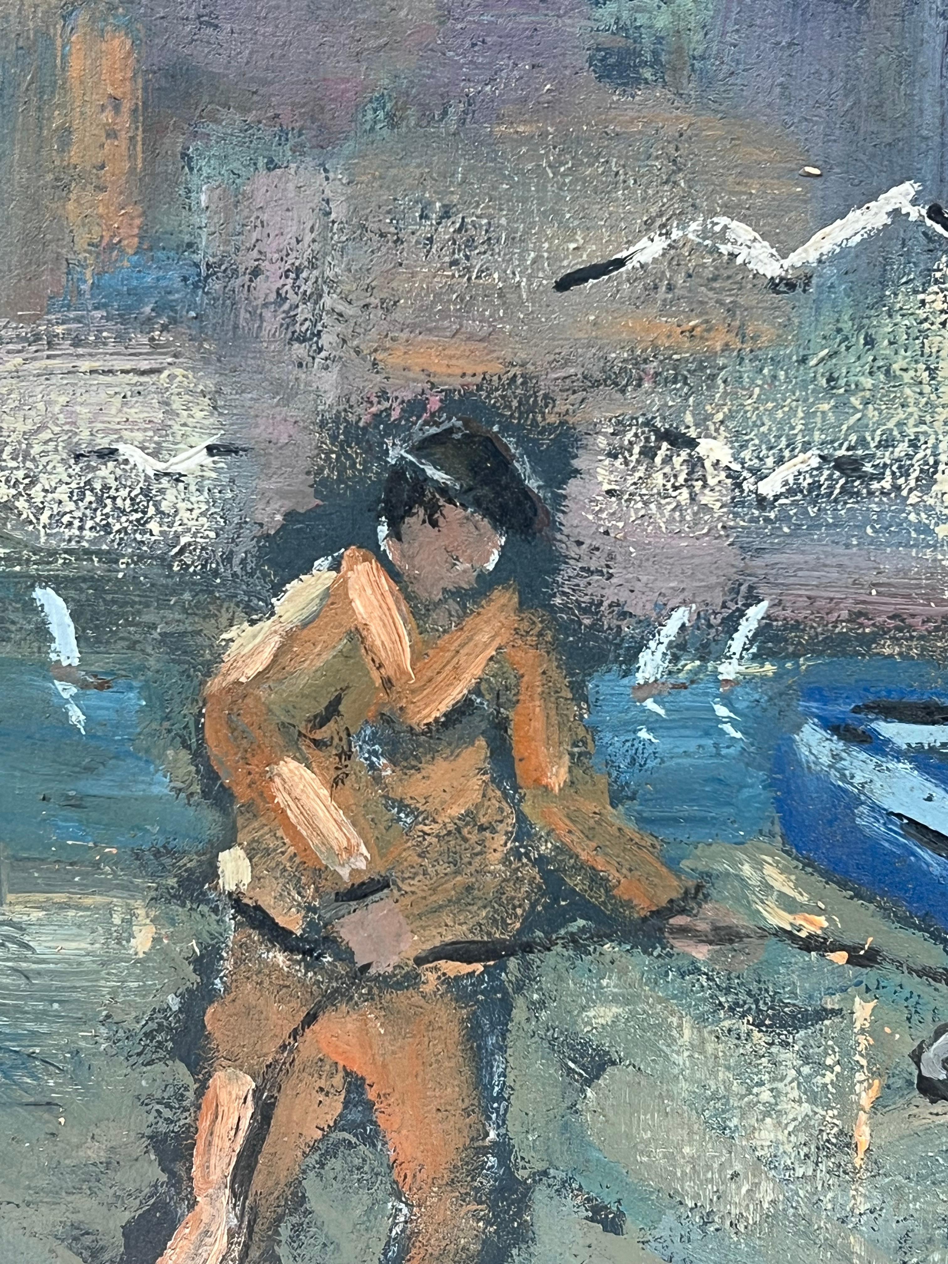 Pescatori in Bretagna con gabbiani che circondano la barca Pittura francese - Landscape Painting Grigio di Fanch Lel
