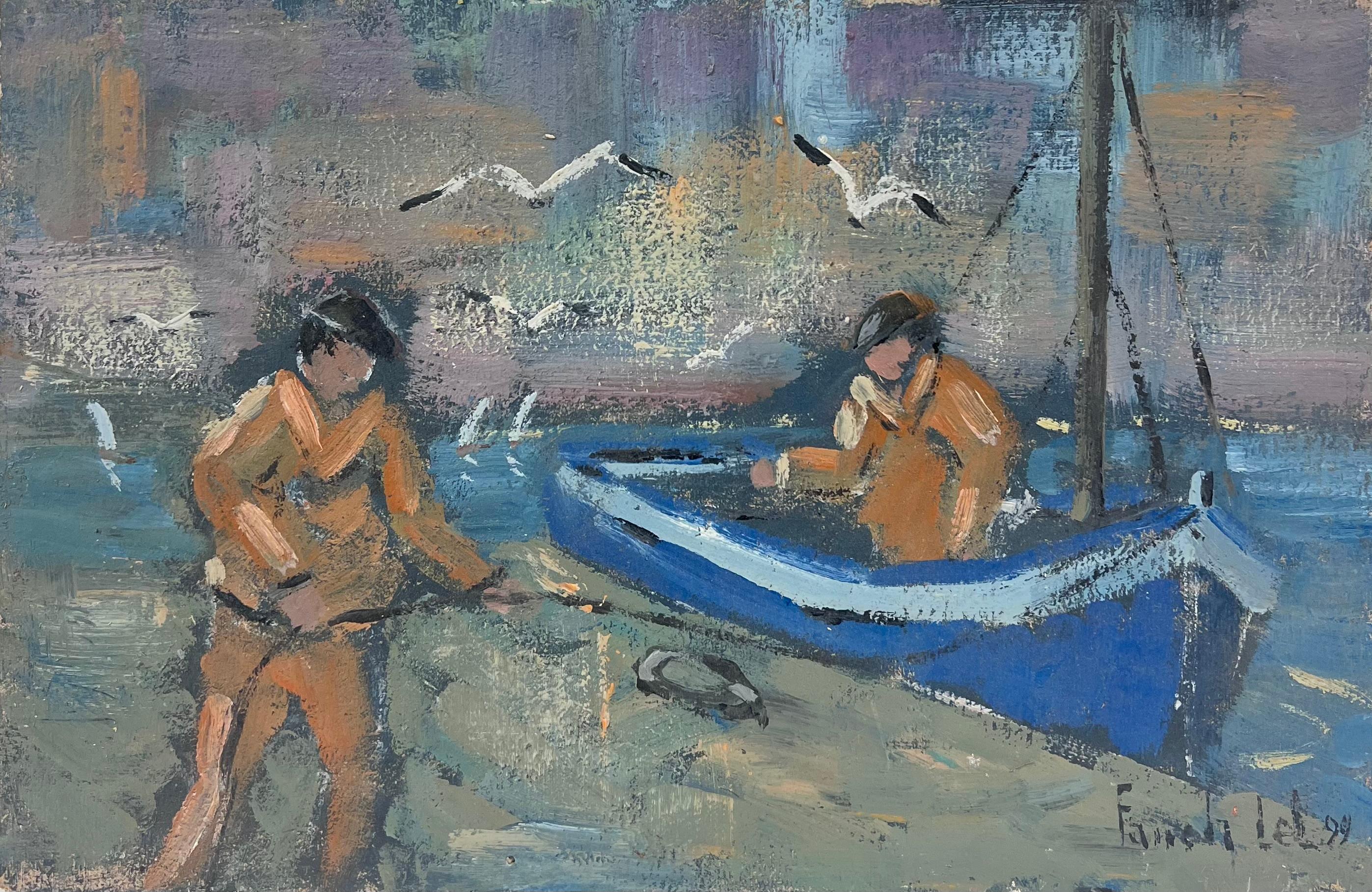 Landscape Painting di Fanch Lel - Pescatori in Bretagna con gabbiani che circondano la barca Pittura francese