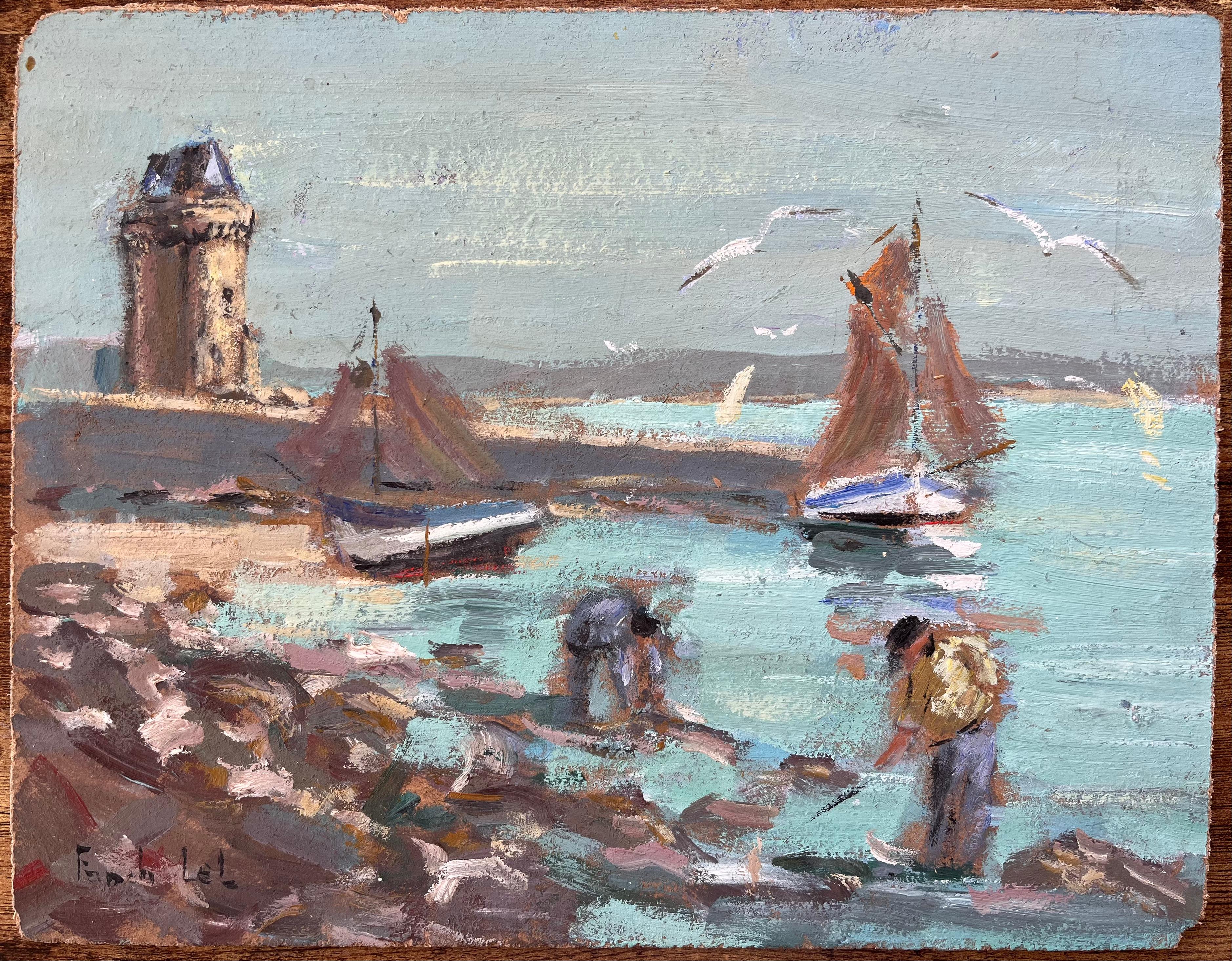 Fishing Boats and Shellfish Gatherers by Coastal Fort with Seagulls - Painting by Fanch Lel
