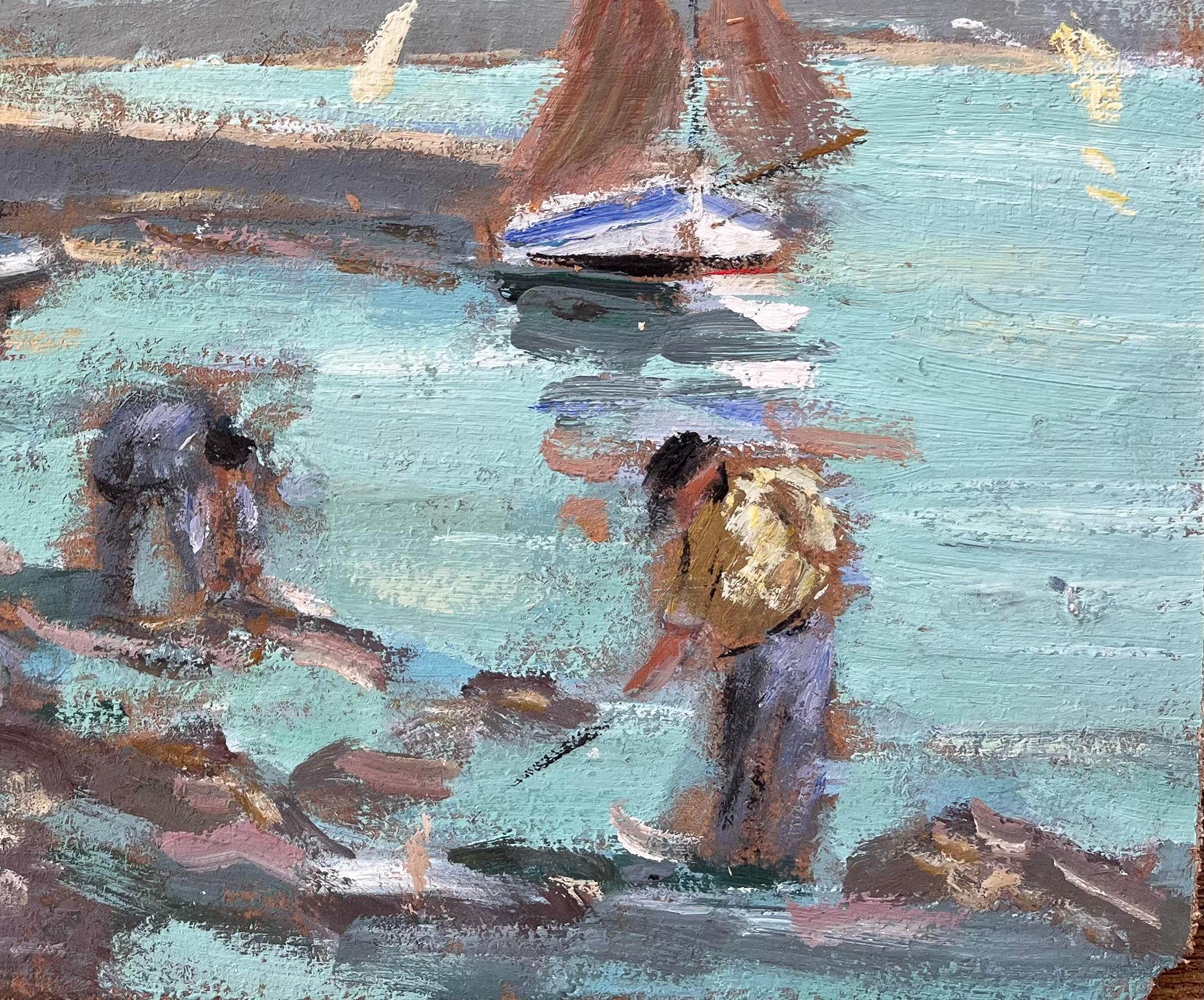 Fishing Boats and Shellfish Gatherers by Coastal Fort with Seagulls - Impressionist Painting by Fanch Lel