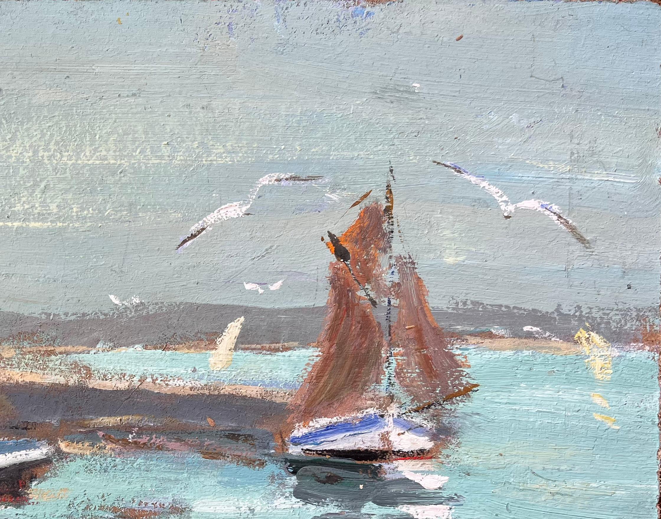Des pêcheurs et des cueilleurs de coquillages par le Fort côtier avec mouettes - Gris Landscape Painting par Fanch Lel