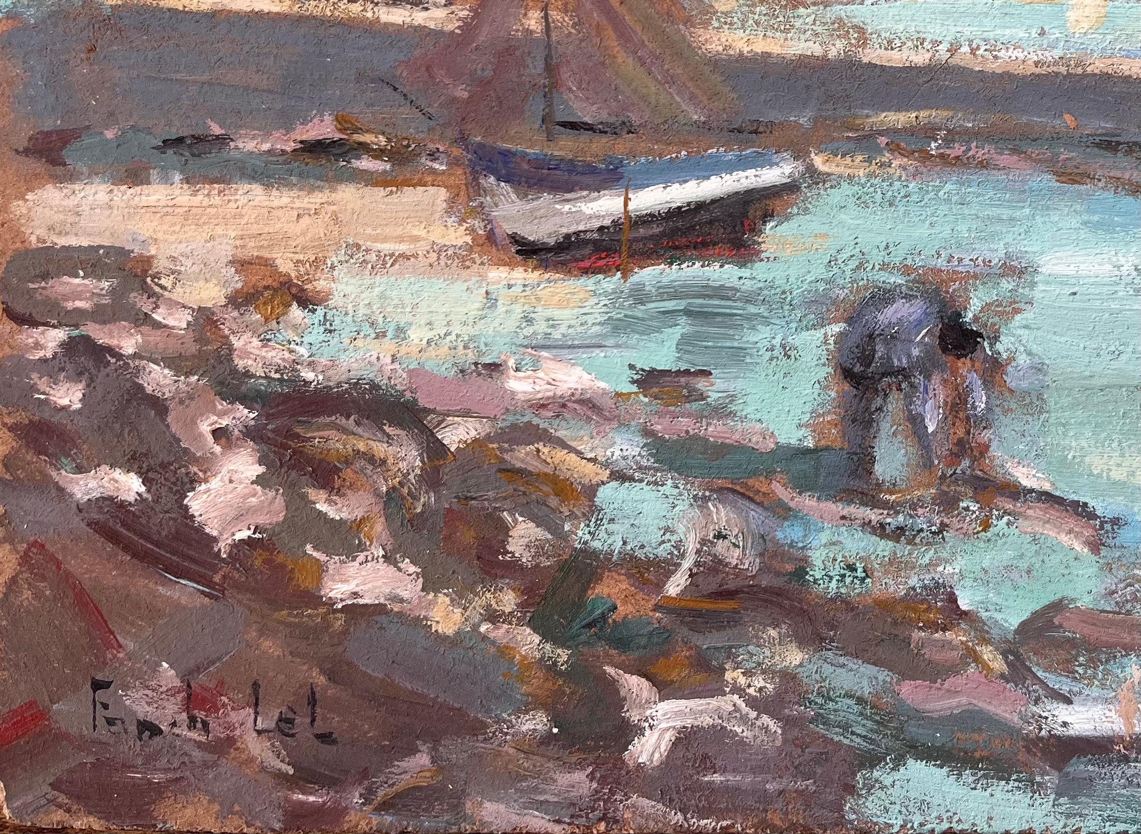 Title: Fishing Boats and Shellfish Gatherers by Coastal Fort with Seagulls
By Fanch Lel
Signed: Yes
Size: 10.75 x 13.75 inches (height x width)
Oil painting on board, unframed
Condition: The painting is in good condition with minor signs of wear and