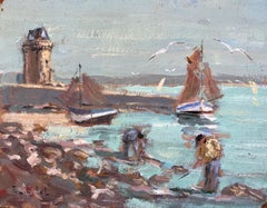 Fishing Boats and Shellfish Gatherers by Coastal Fort with Seagulls