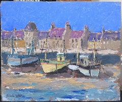 Fishing Boats in Neon Purple Sky Landscapes Oil Painting