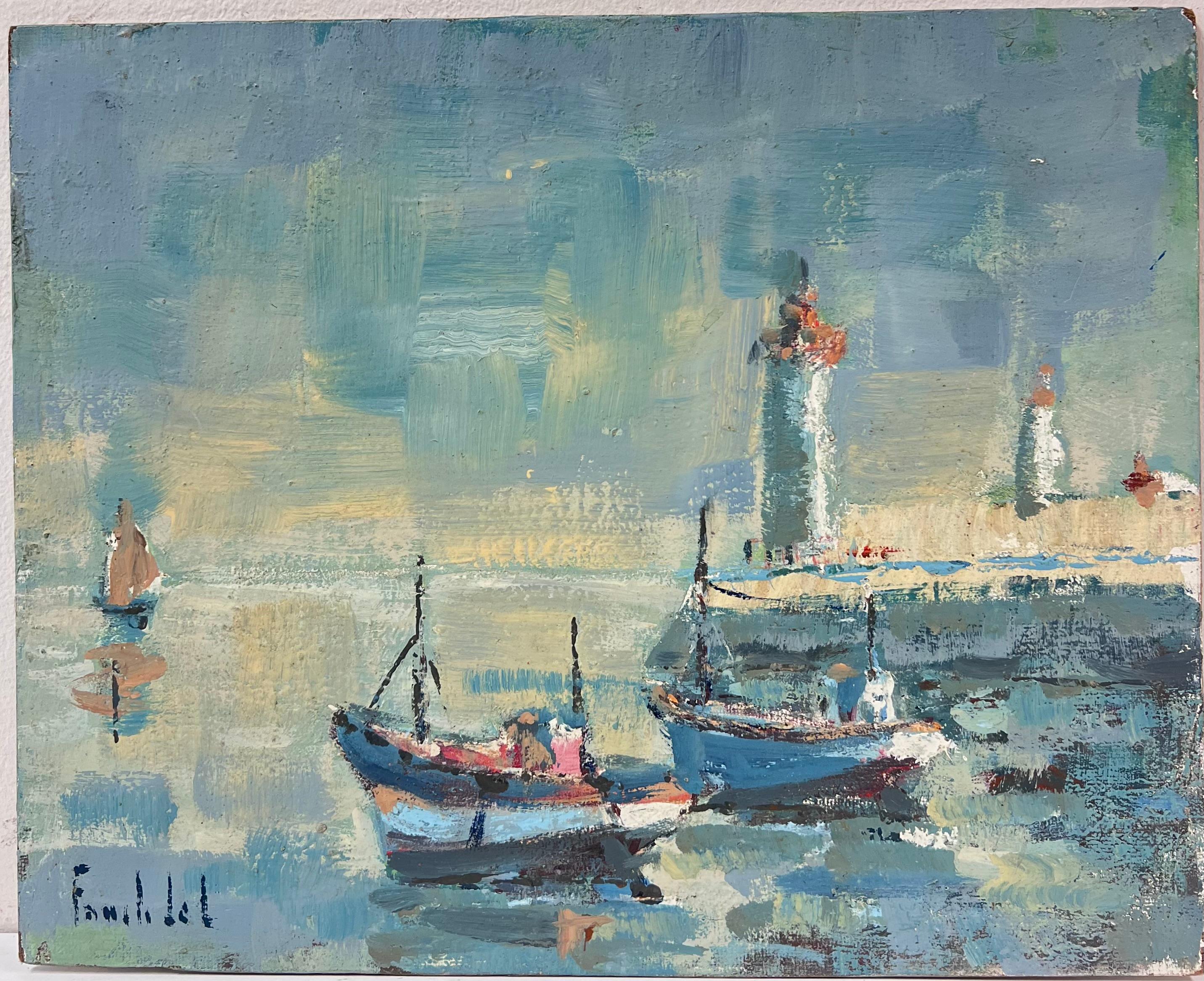 Fischerboote neben einem Pier und Leuchttürmen auf der Insel Île d'Oléron – Painting von Fanch Lel