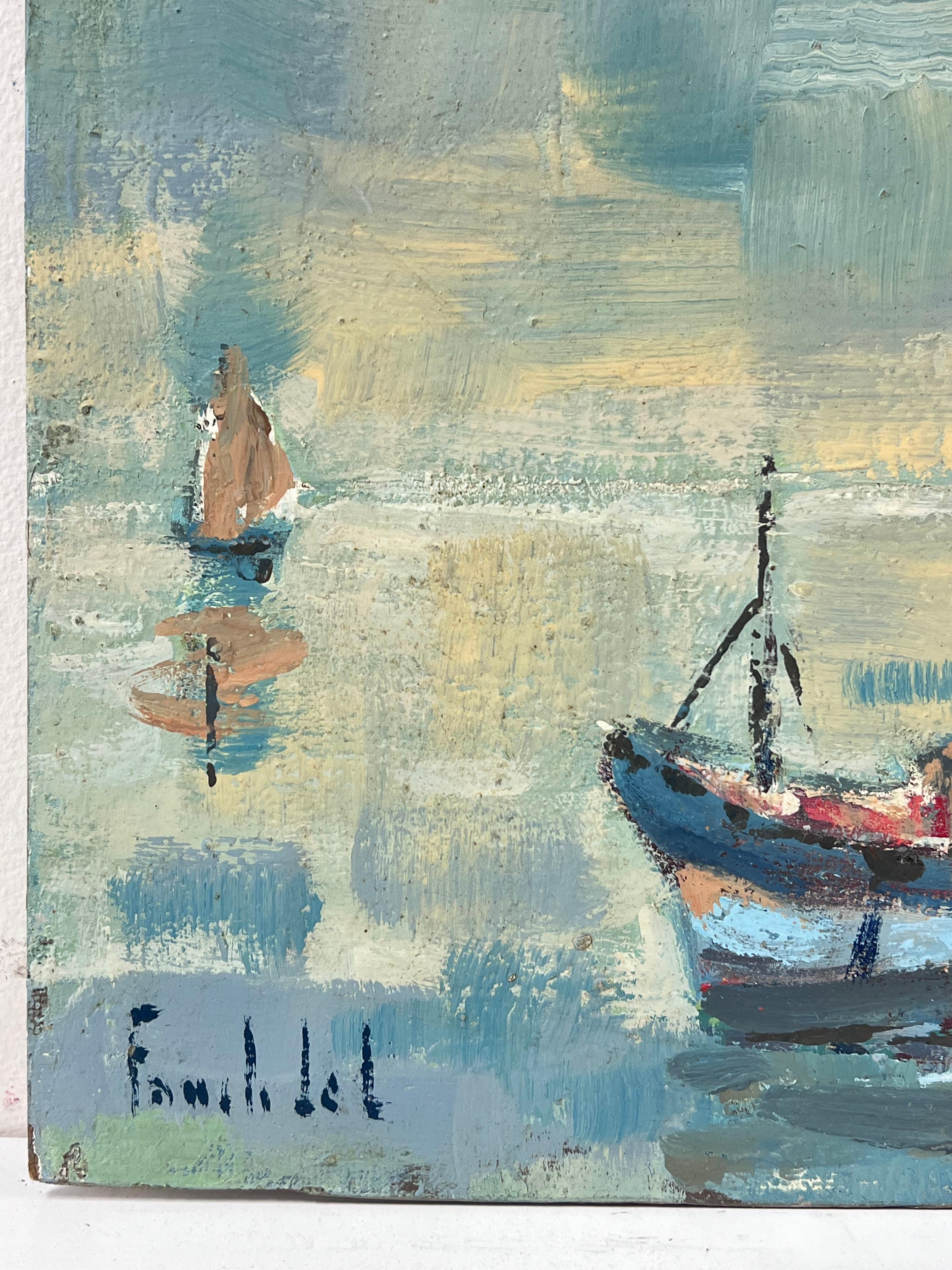 Fischerboote neben einem Pier und Leuchttürmen auf der Insel Île d'Oléron (Impressionismus), Painting, von Fanch Lel