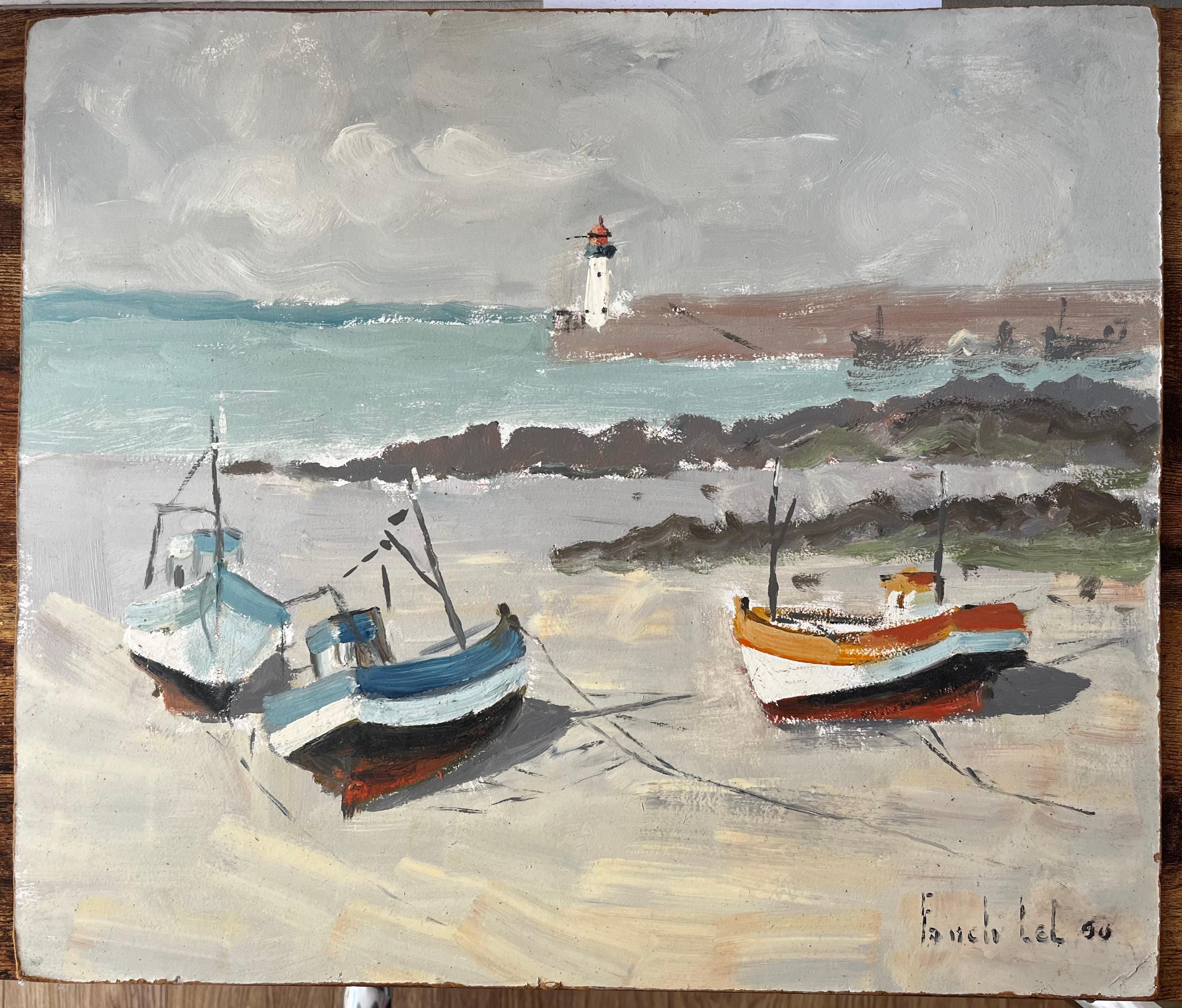 Fishing Boats On French Beach With Lighthouse And Sea Coastal Marine - Painting by Fanch Lel