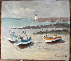 Fischerboote auf Französisch Strand mit Leuchtturm und Meer Coastal Marine