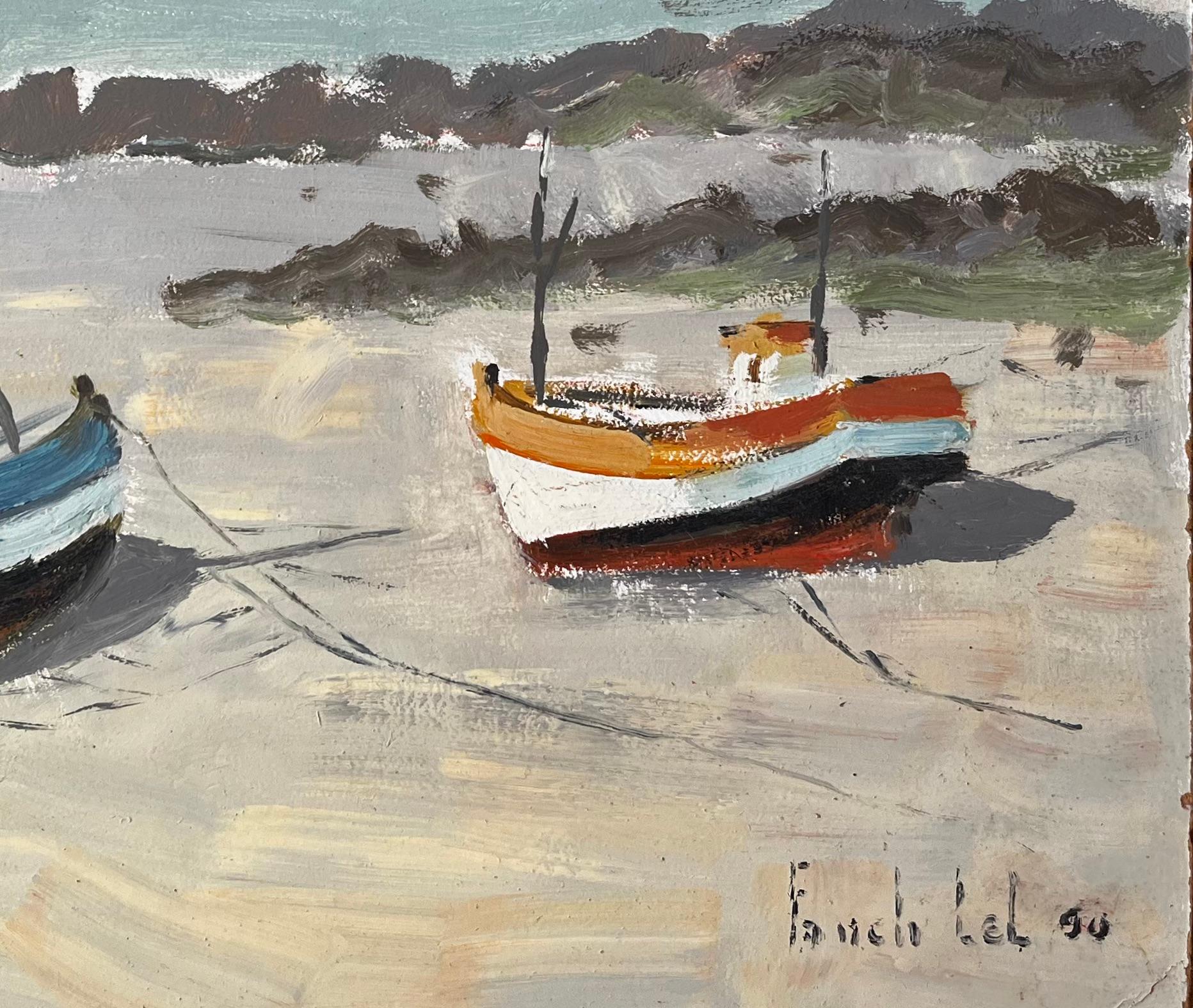 Fishing Boats On French Beach With Lighthouse And Sea Coastal Marine - Impressionist Painting by Fanch Lel
