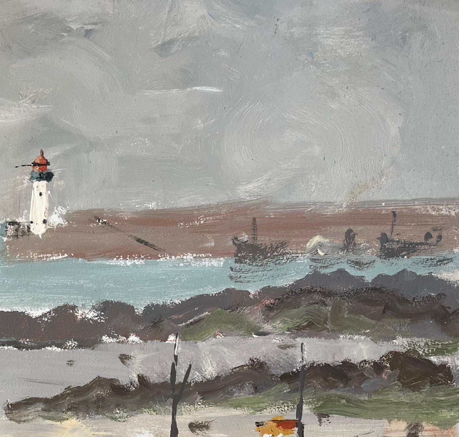 Fishing Boats On French Beach With Lighthouse And Sea Coastal Marine - Gray Abstract Painting by Fanch Lel