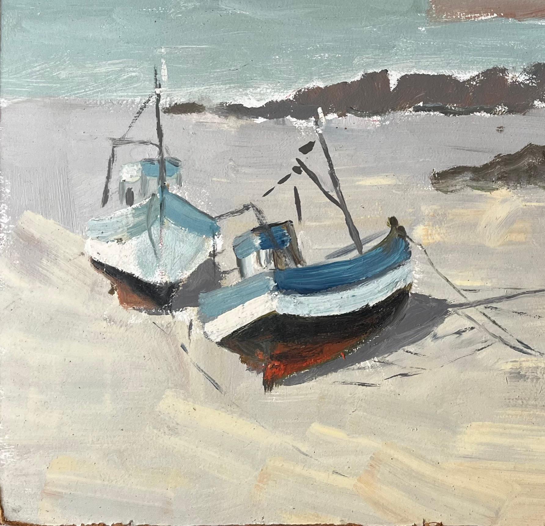 Title: Fishing Boats On French Beach With Lighthouse And Sea Coastal Marine
by Fanch Lel
Signed: Bottom right corner
Size: 19.5 x 22.75 inches (height x width)
Oil painting on board, unframed
Condition: Good overall condition. Minor surface wear and