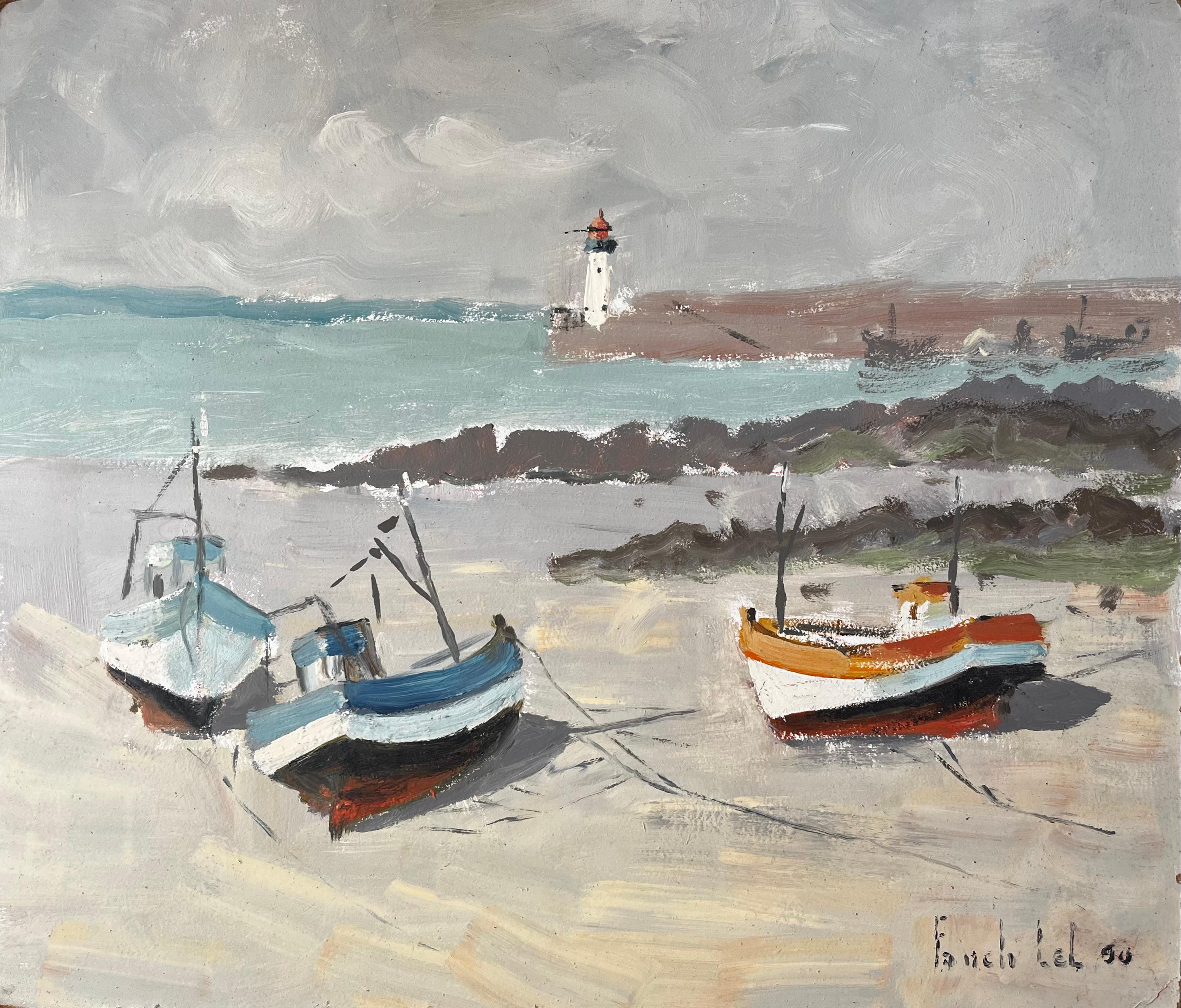 Fanch Lel Abstract Painting - Fishing Boats On French Beach With Lighthouse And Sea Coastal Marine