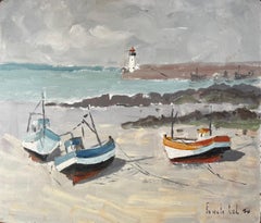 Vintage Fishing Boats On French Beach With Lighthouse And Sea Coastal Marine