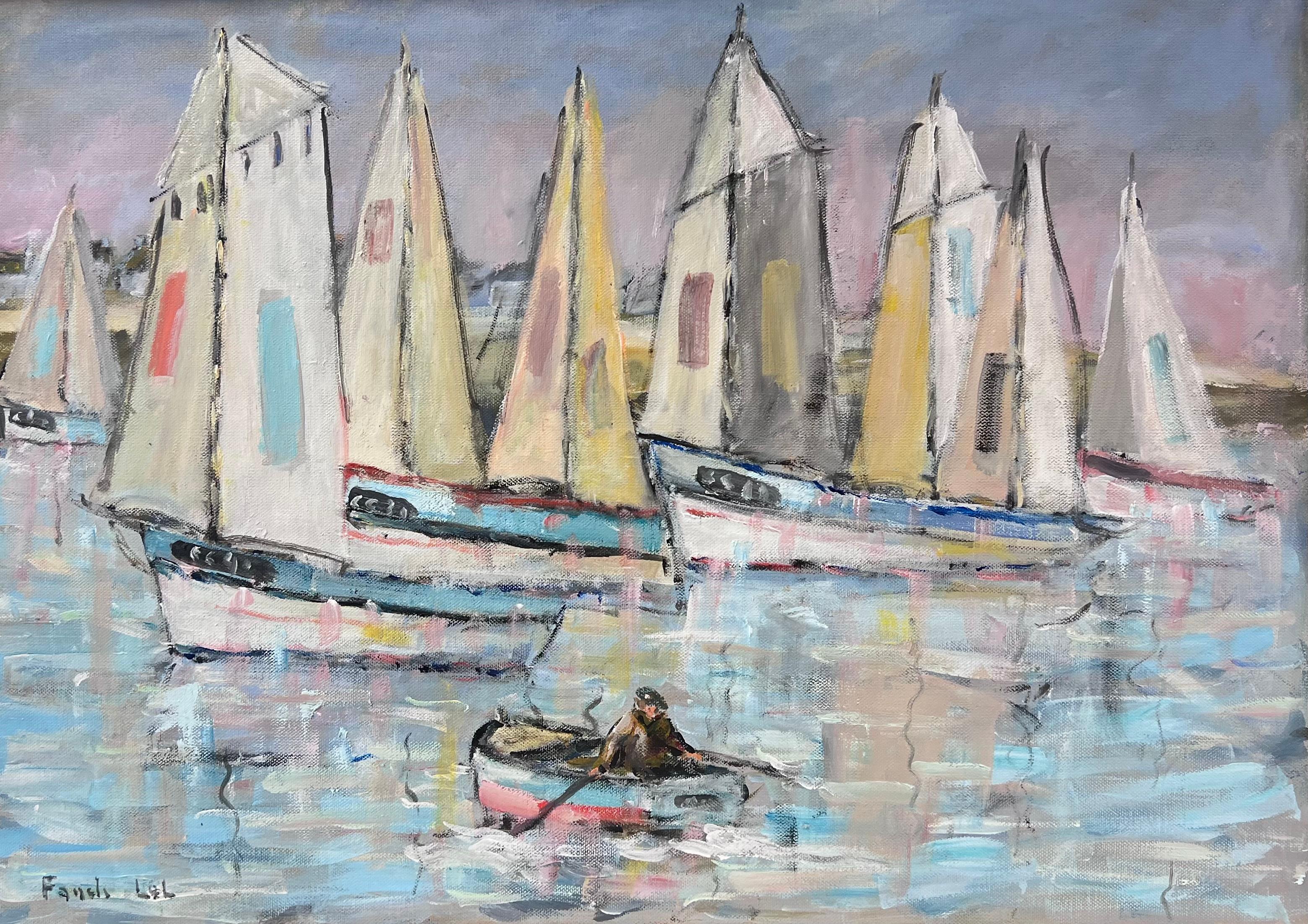 Flotta di barche a vela che si preparano per la regata in acque calme Pittura ad olio francese - Painting di Fanch Lel