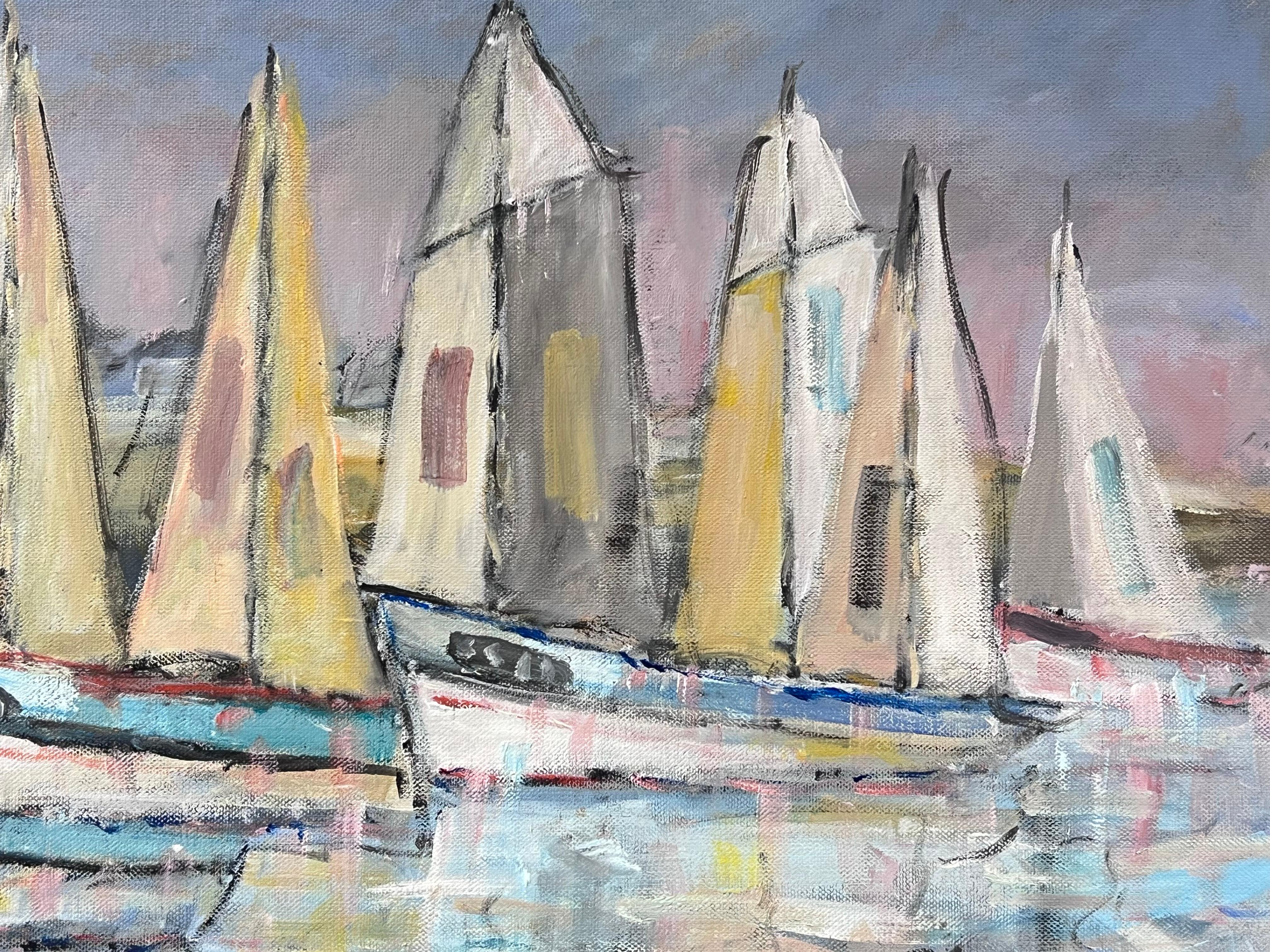Flotta di barche a vela che si preparano per la regata in acque calme Pittura ad olio francese - Painting Impressionismo di Fanch Lel