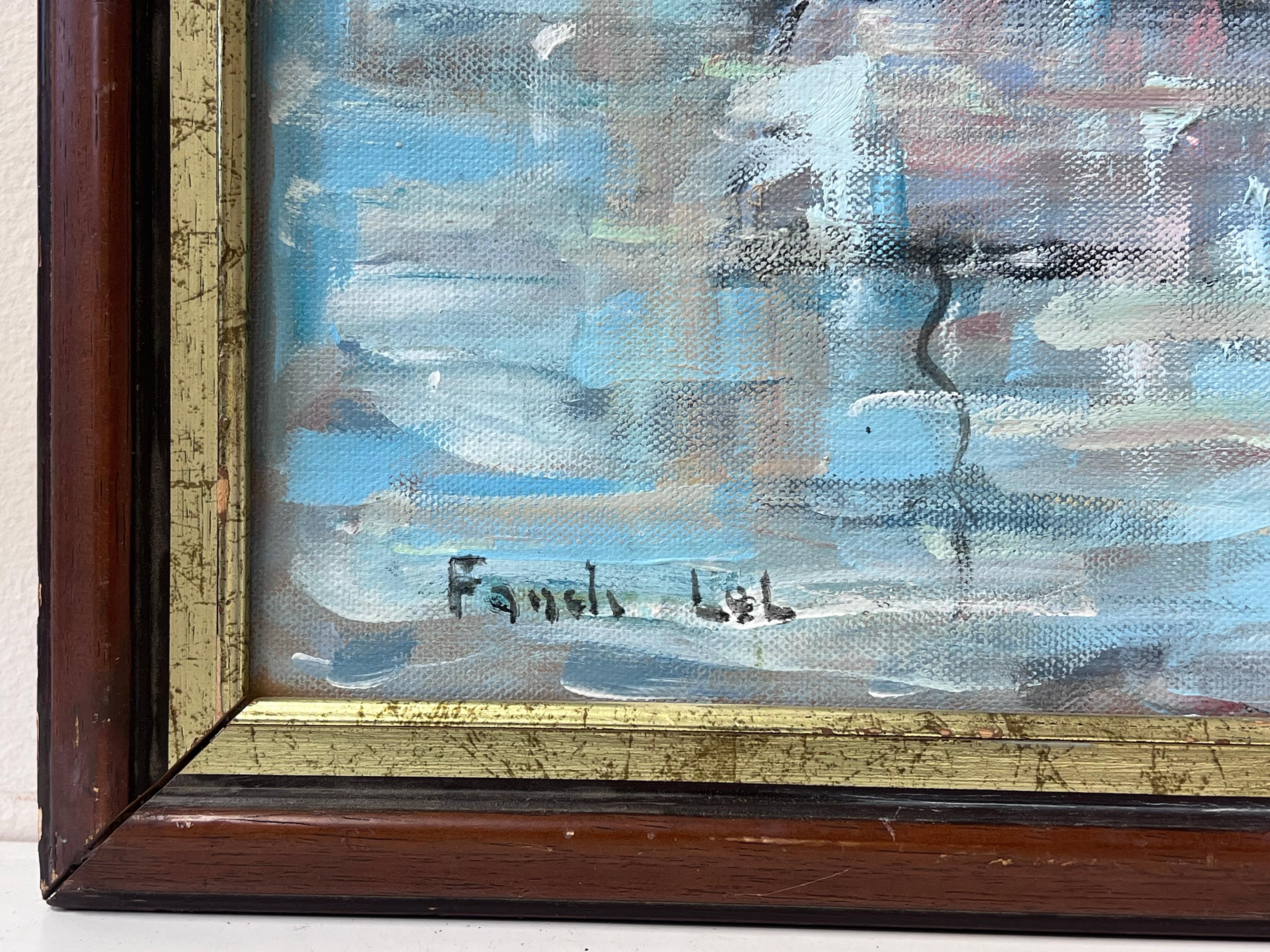 Flotta di barche a vela che si preparano per la regata in acque calme Pittura ad olio francese - Figurative Painting Grigio di Fanch Lel