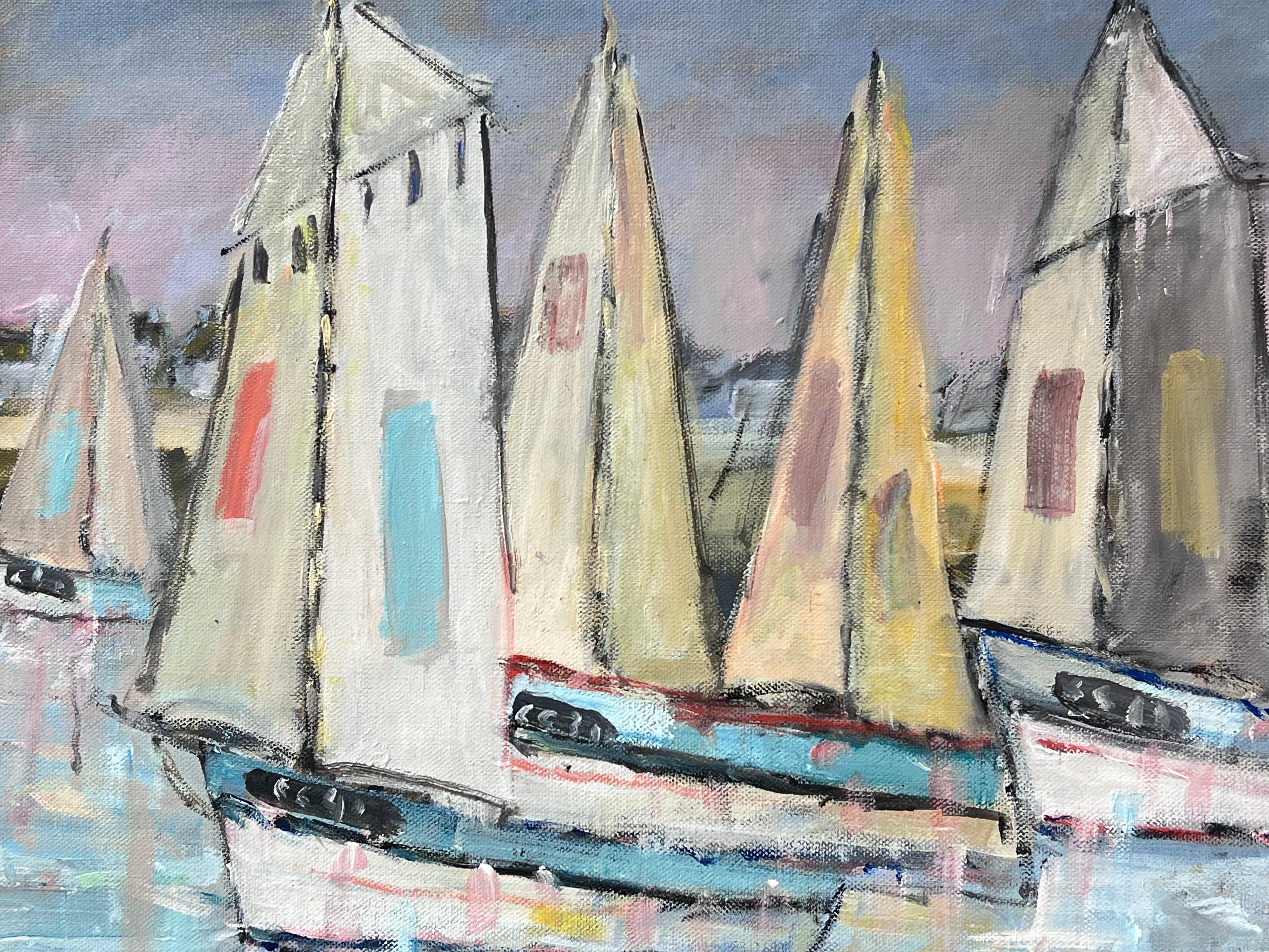 Flotta di barche a vela che si preparano per la regata in acque calme Pittura ad olio francese 2