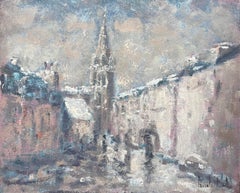 Foggy Day with Figures Walking Through The French Village Landscape Oil Painting