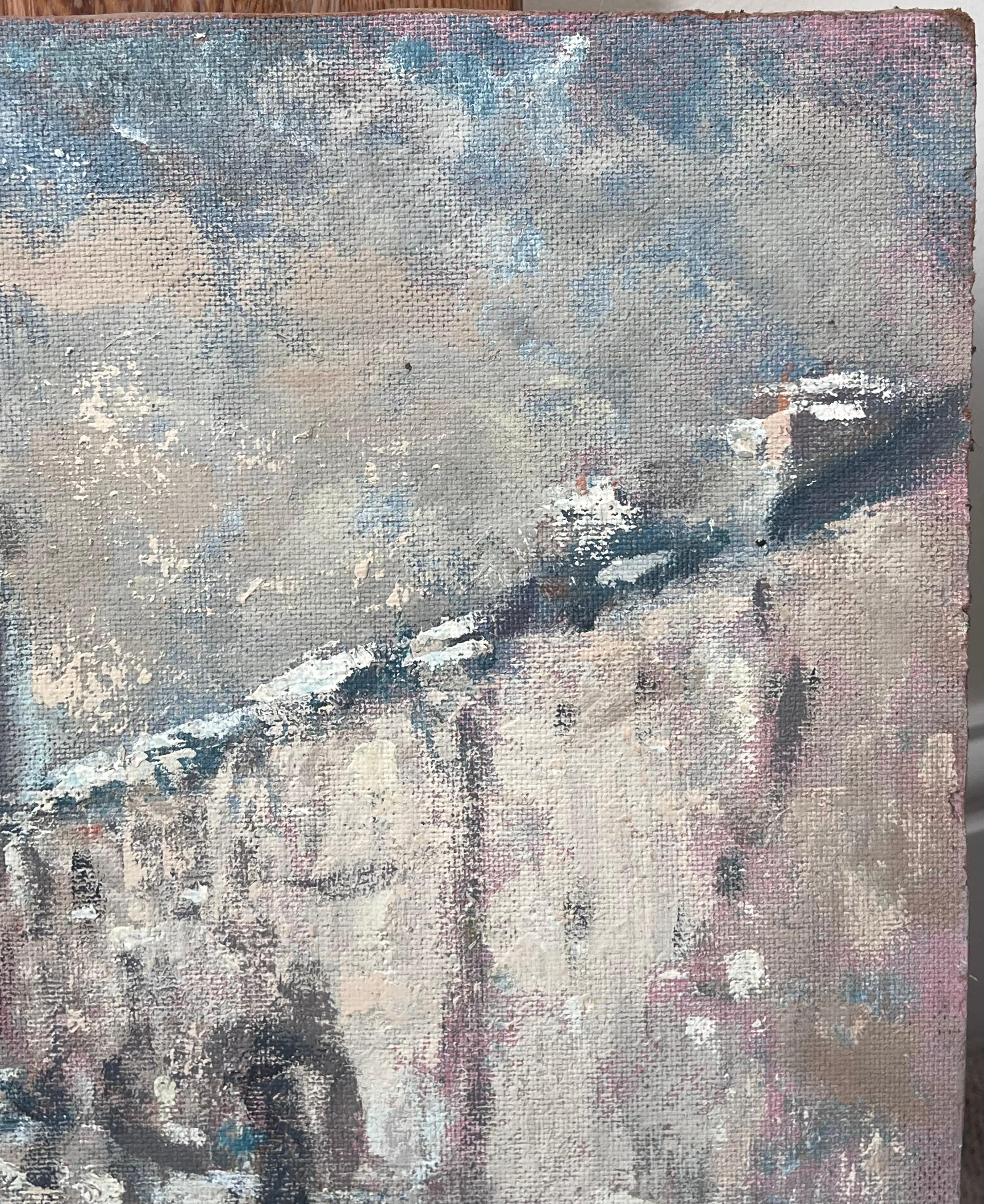 Nebliger Tag mit Figuren, die durch ein französisches Dorf spazieren, Landschaft Ölgemälde (Impressionismus), Painting, von Fanch Lel