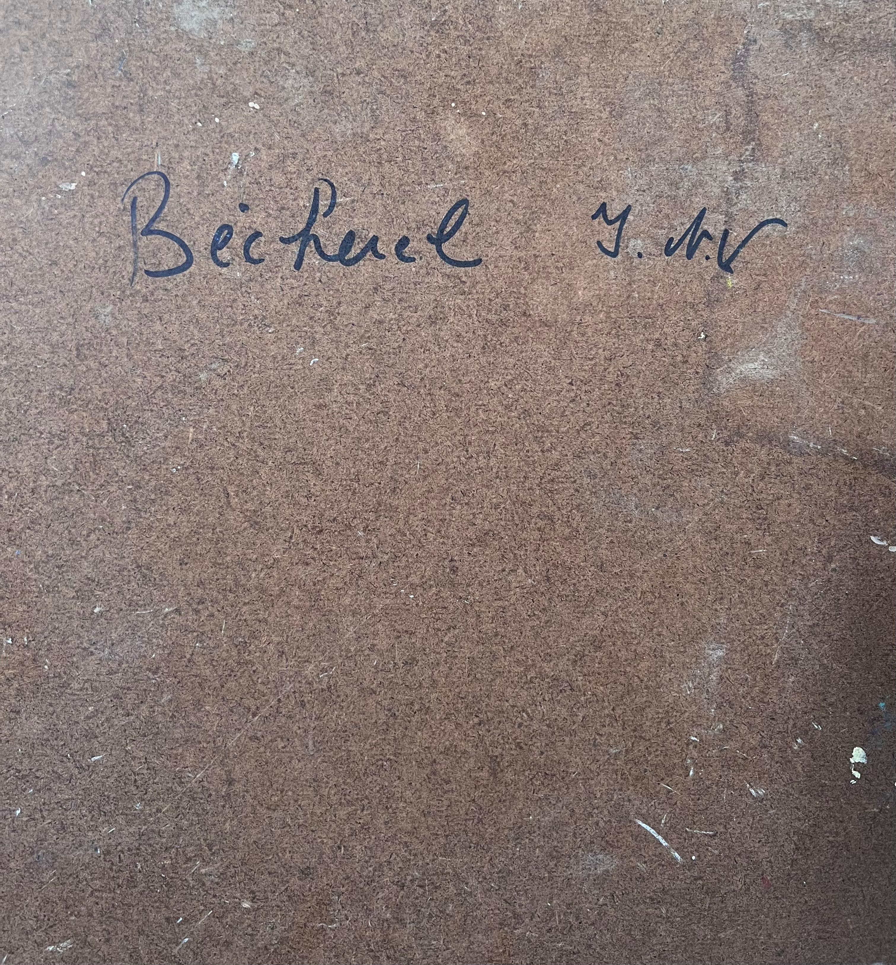 Nebliger Tag mit Figuren, die durch ein französisches Dorf spazieren, Landschaft Ölgemälde im Angebot 3
