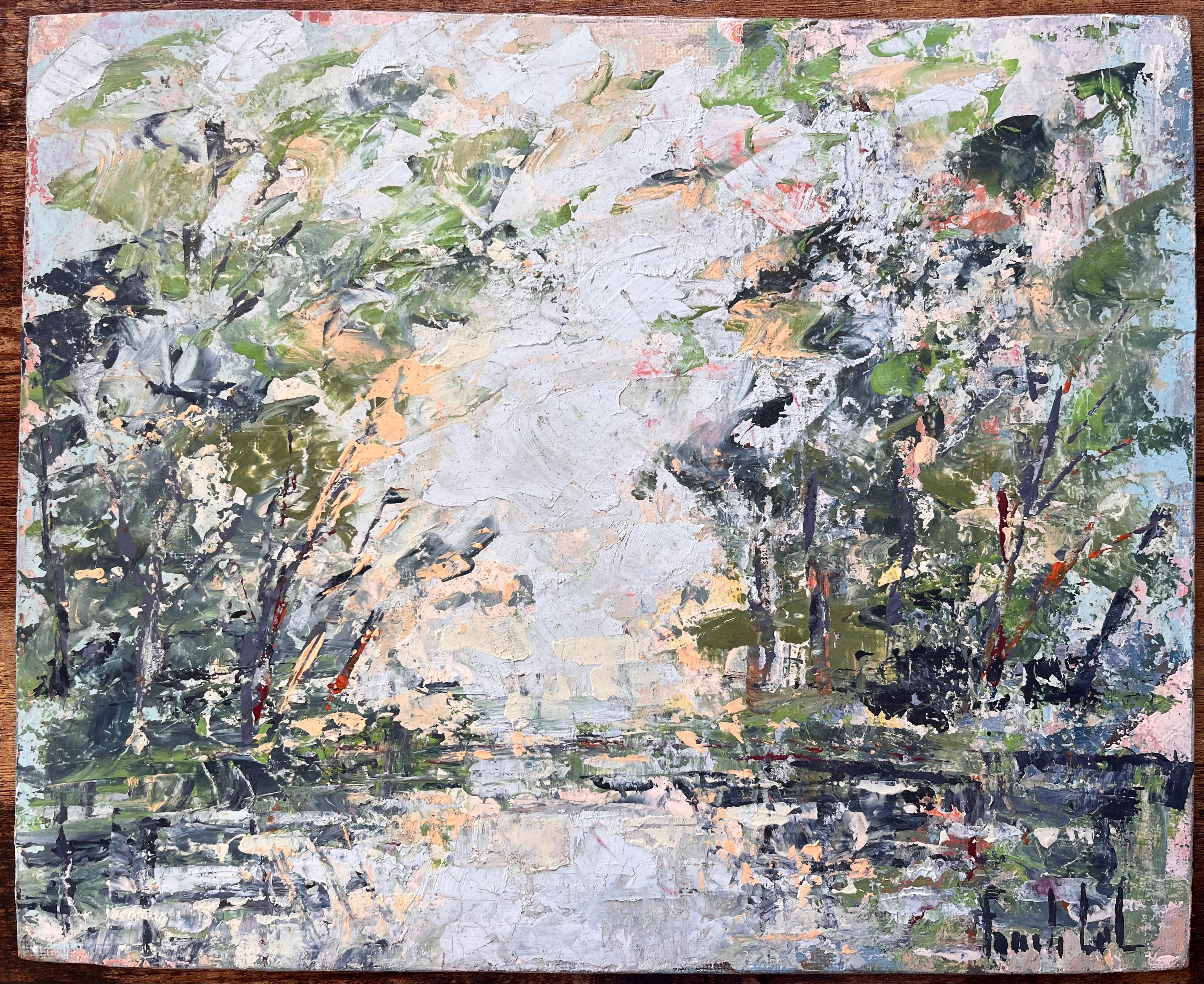 Scène de paysage abstraite française avec reflets dans l'eau - Painting de Fanch Lel