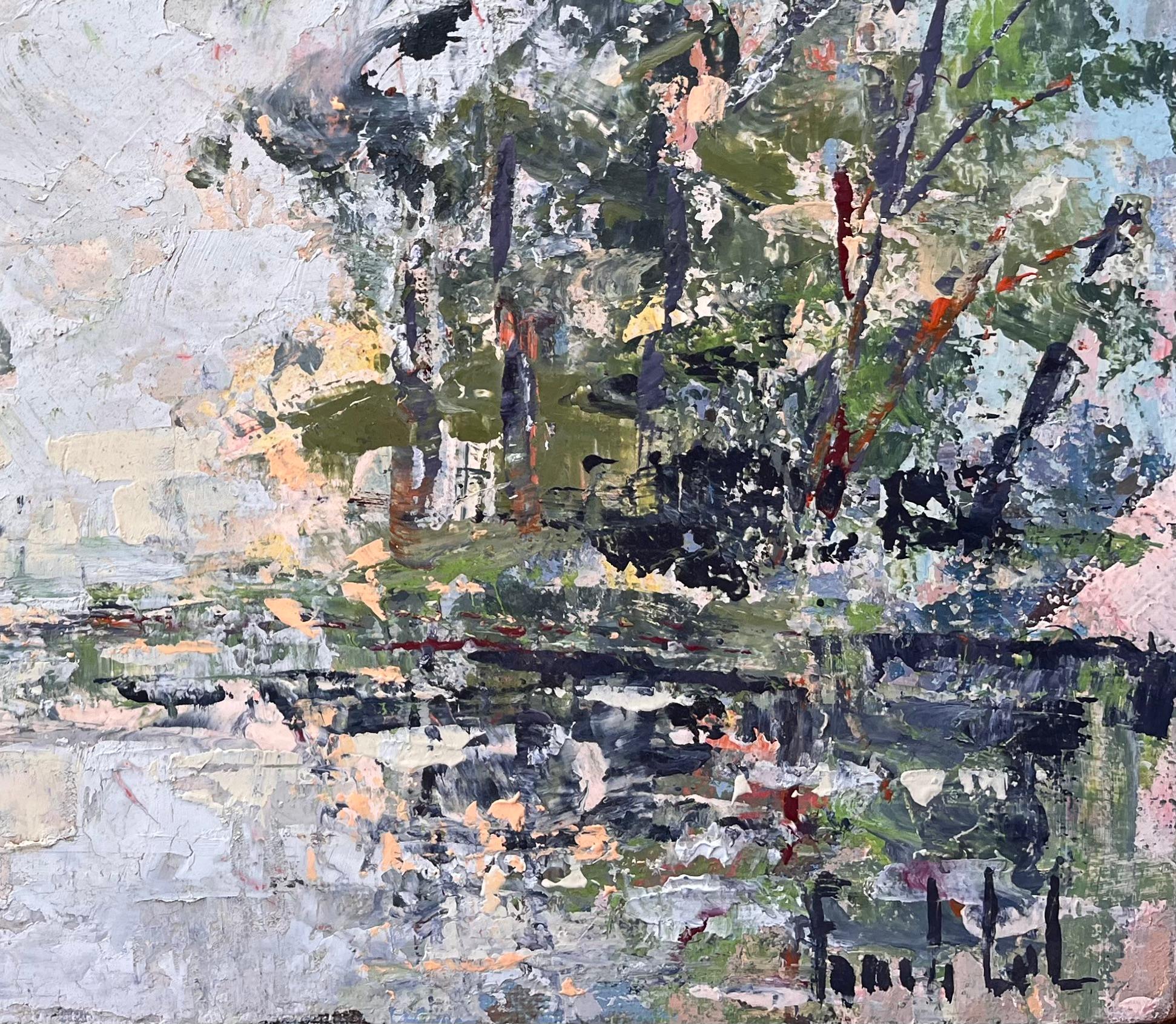 Scène de paysage abstraite française avec reflets dans l'eau - Impressionnisme Painting par Fanch Lel